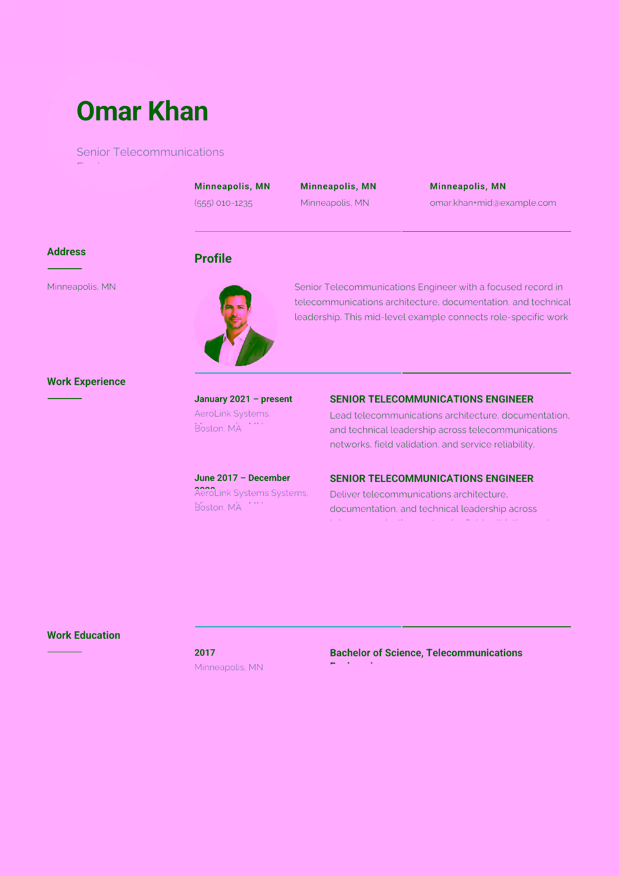 Mid-level Senior Telecommunications Engineer resume example in the Pavo template focused on RF systems, fiber optics, routing, and troubleshooting.