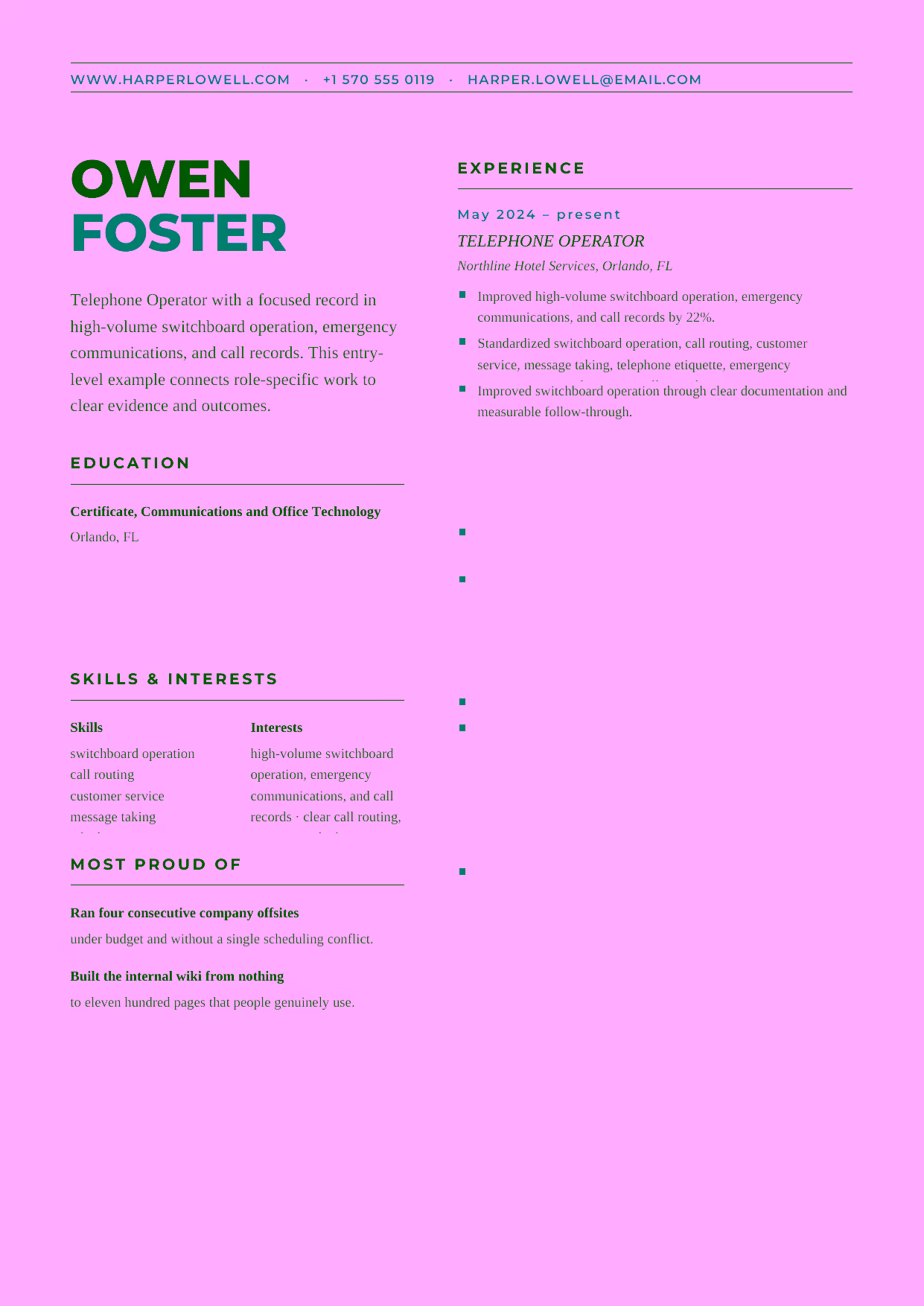 Entry-level Telephone Operator resume example in the Bootes template focused on clear call routing, courteous telephone etiquette, and accurate message taking.