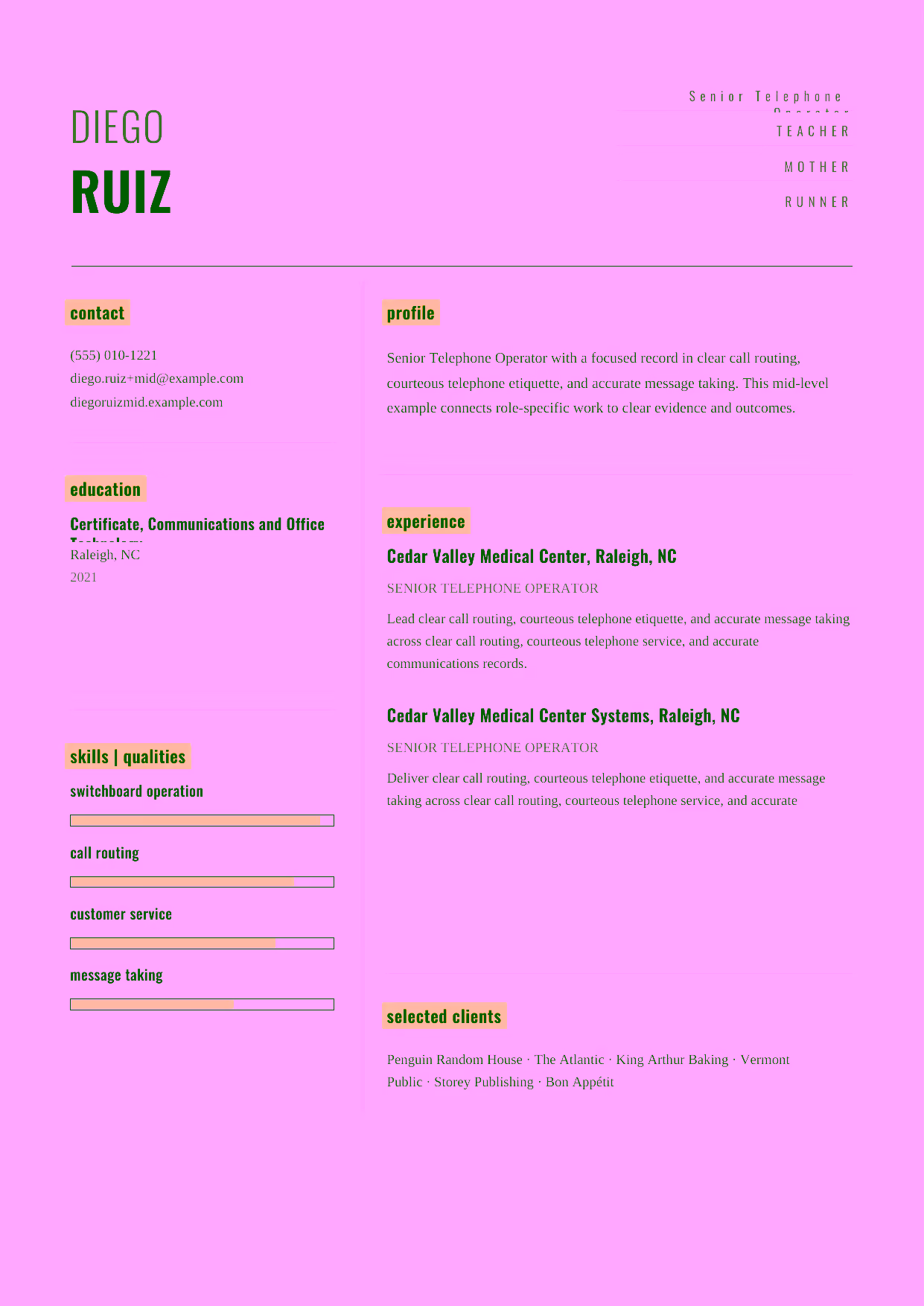 Mid-level Senior Telephone Operator resume example in the Dorado template focused on high-volume switchboard operation, emergency communications, and call records.