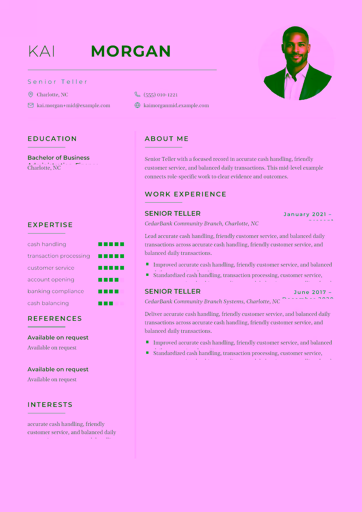 Mid-level Senior Teller resume example in the Achernar template focused on account opening, banking compliance, and thoughtful product conversations.
