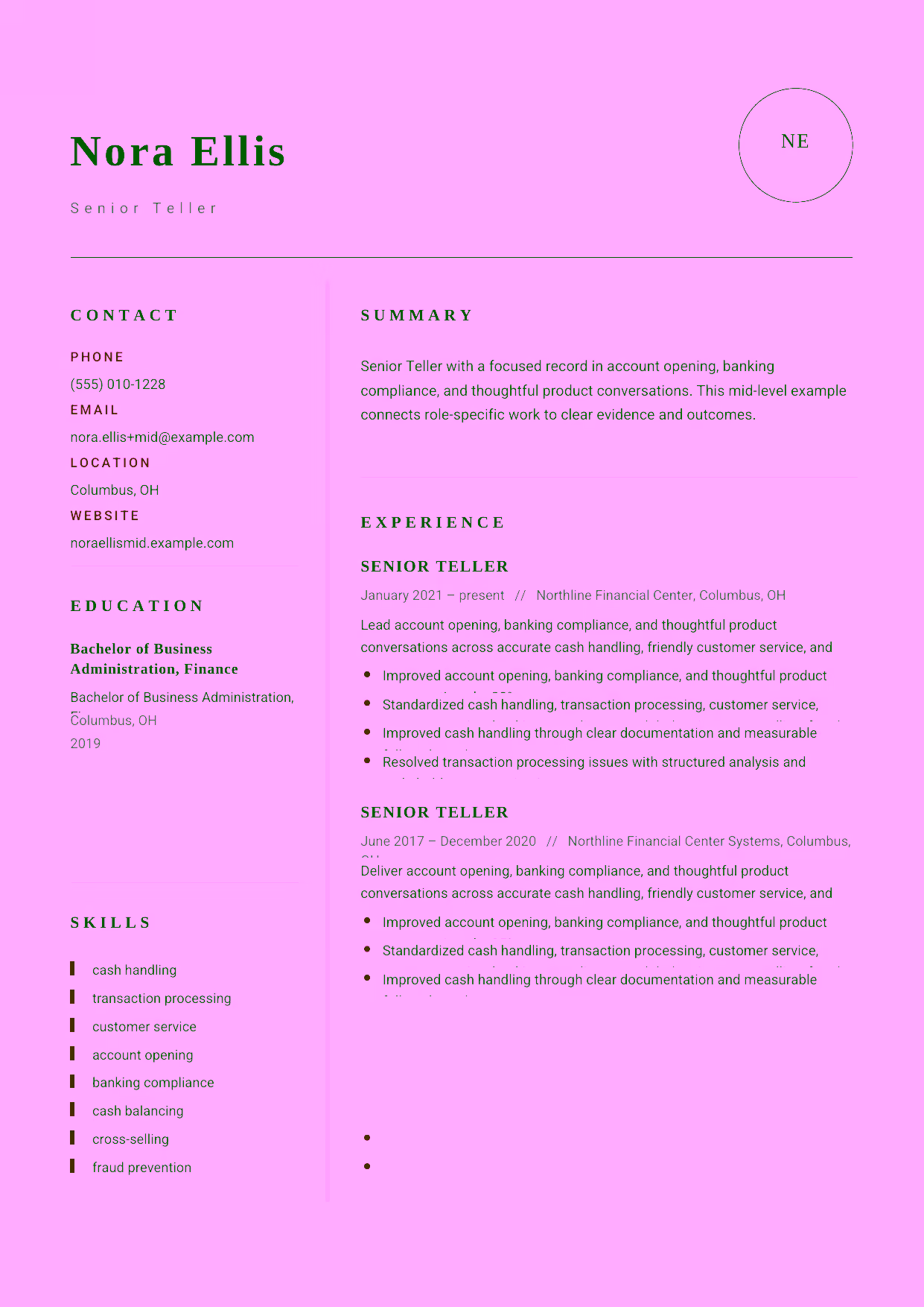 Mid-level Senior Teller resume example in the Grus template focused on account opening, banking compliance, and thoughtful product conversations.