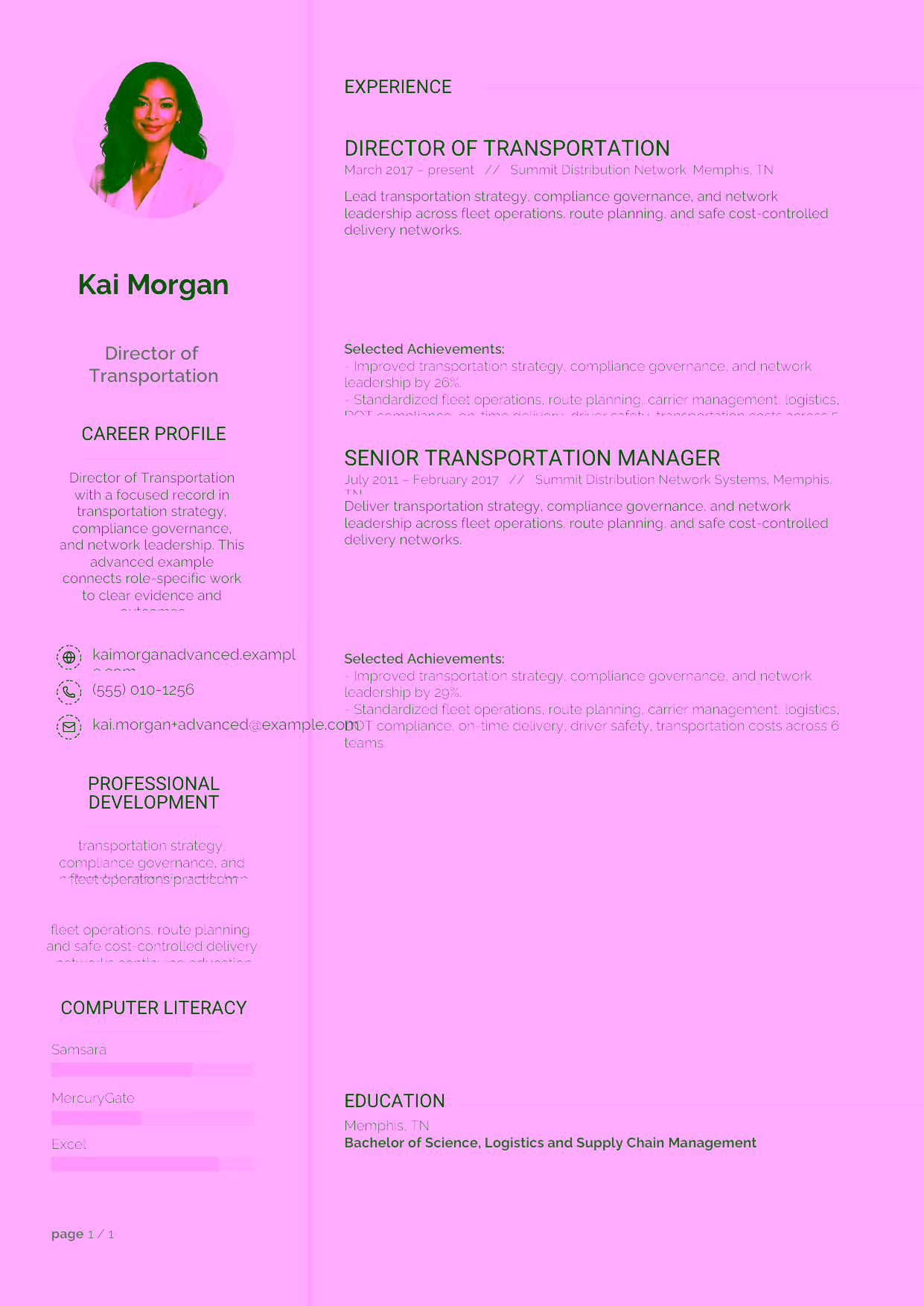 Advanced Director of Transportation resume example in the Synnove template focused on transportation strategy, compliance governance, and network leadership.
