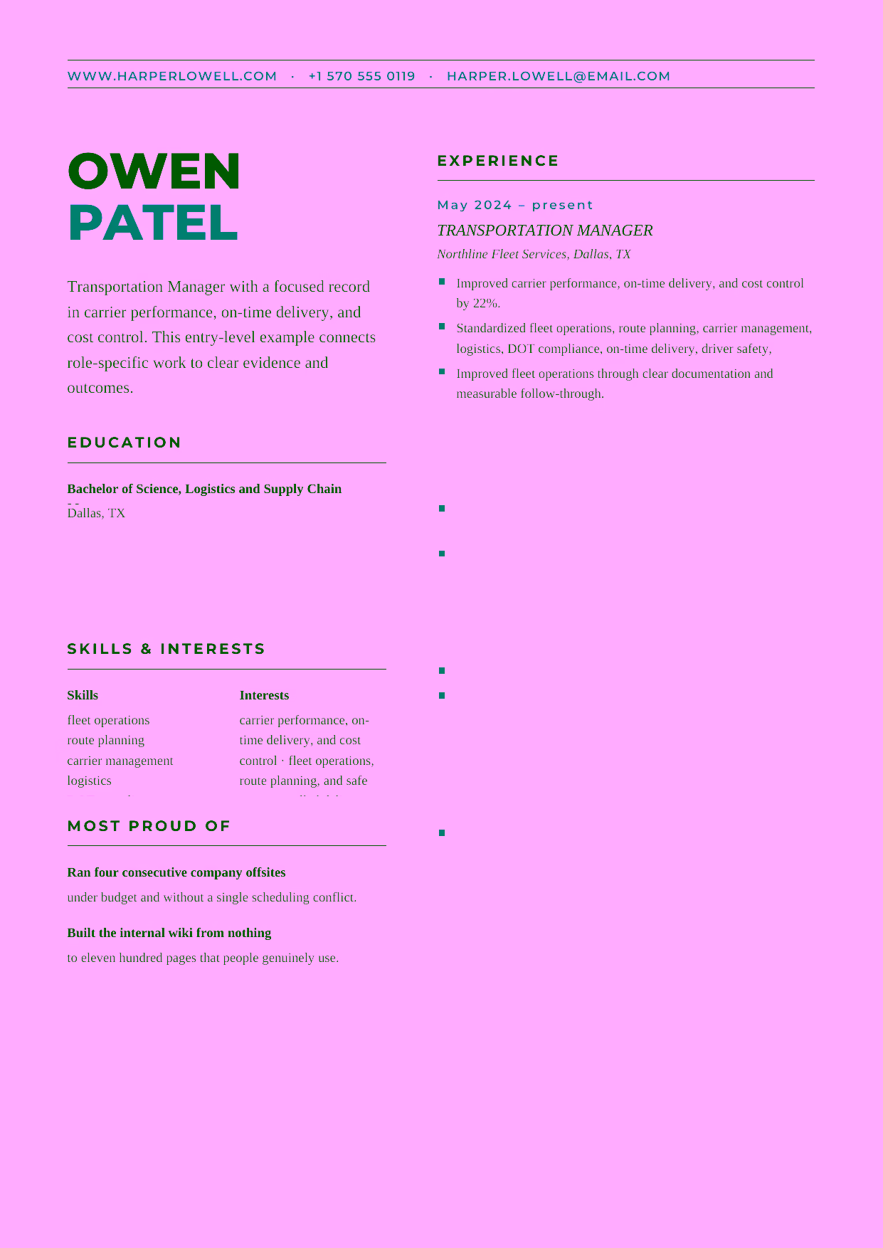 Entry-level Transportation Manager resume example in the Bootes template focused on dispatch coordination, route planning, and safe daily operations.