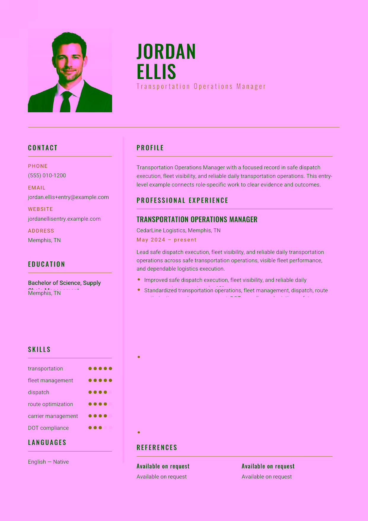 Entry-level Transportation Operations Manager resume example in the Acamar template focused on safe dispatch execution, fleet visibility, and reliable daily transportation operations.