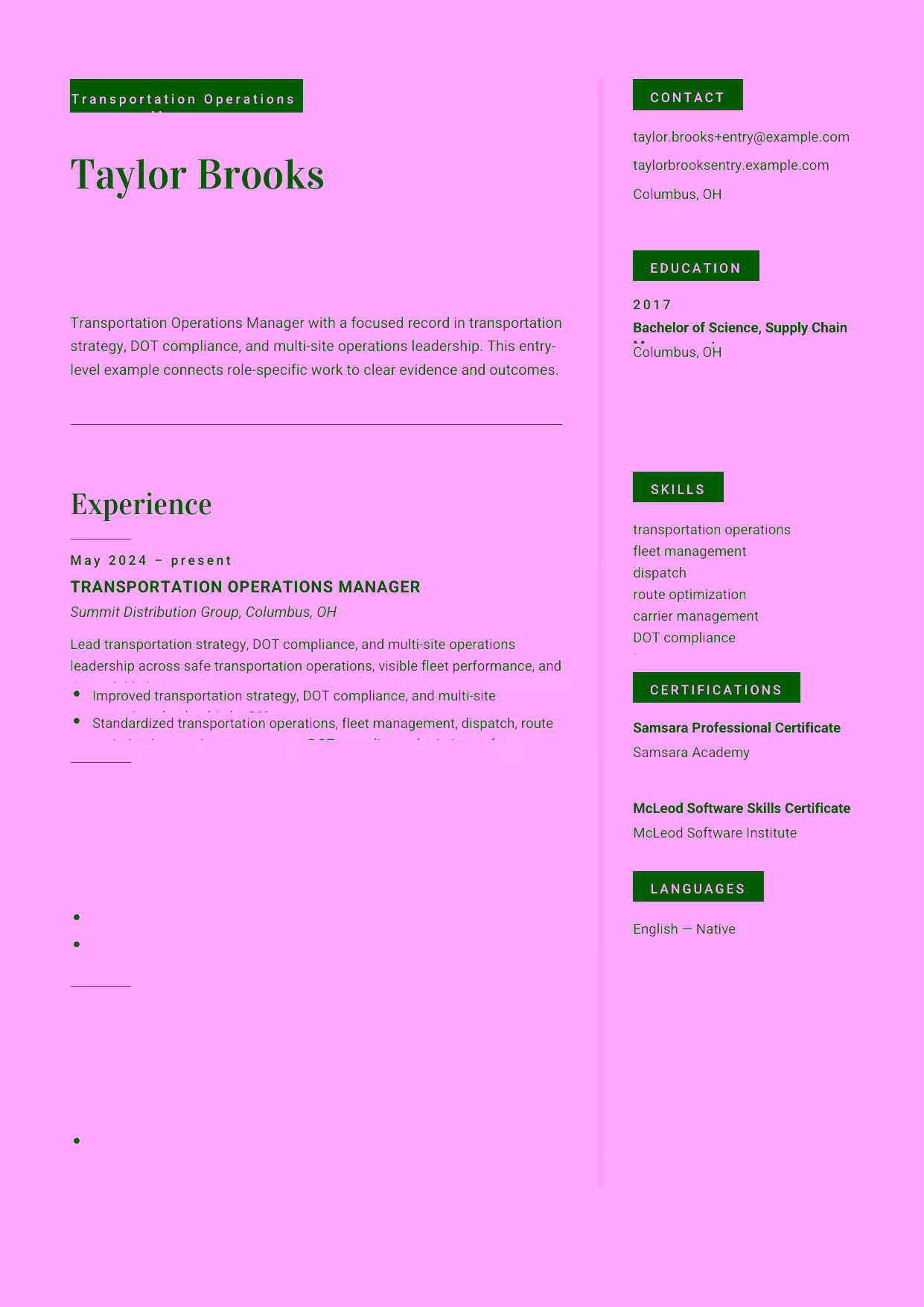 Entry-level Transportation Operations Manager resume example in the Aquila template focused on safe dispatch execution, fleet visibility, and reliable daily transportation operations.
