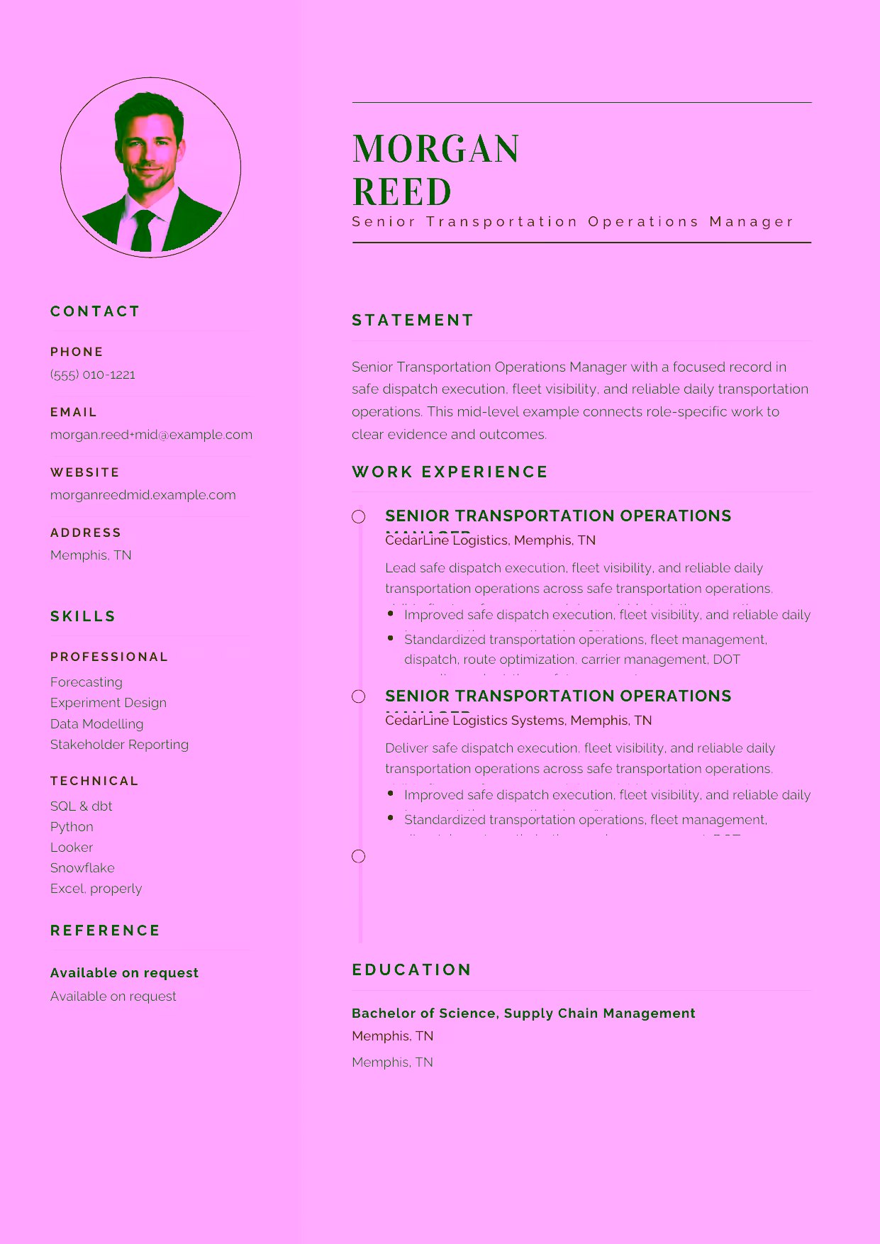 Mid-level Senior Transportation Operations Manager resume example in the Cetus template focused on route optimization, carrier management, and measurable service performance.
