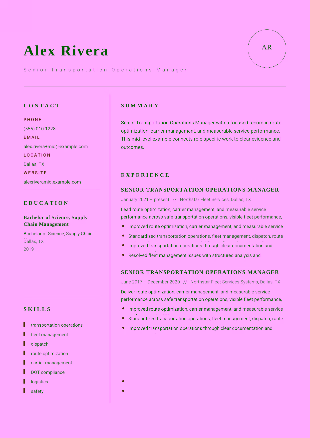 Mid-level Senior Transportation Operations Manager resume example in the Grus template focused on route optimization, carrier management, and measurable service performance.