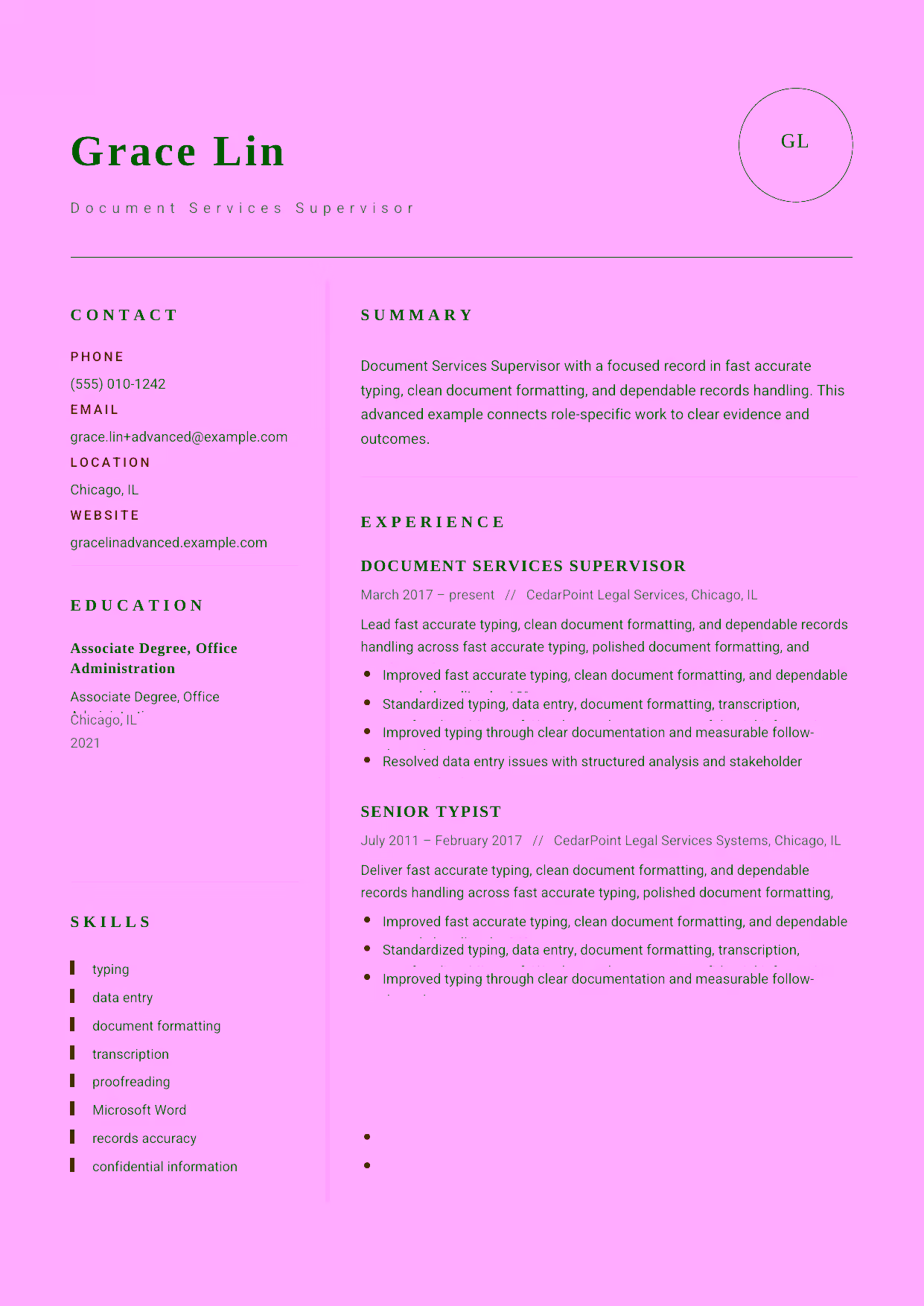 Advanced Document Services Supervisor resume example in the Grus template focused on document-services workflow, quality standards, and production-team leadership.