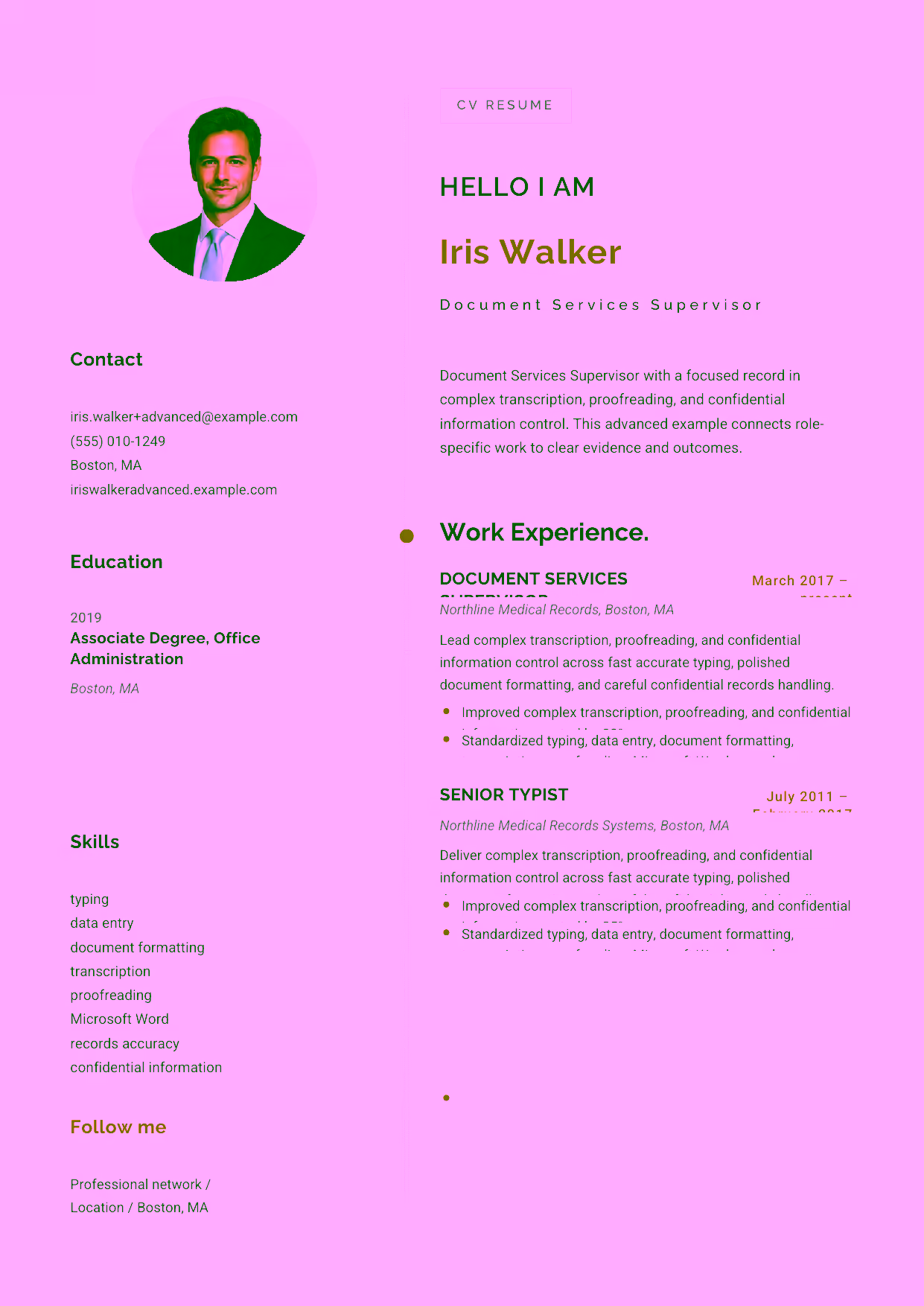 Advanced Document Services Supervisor resume example in the Eridanus template focused on document-services workflow, quality standards, and production-team leadership.