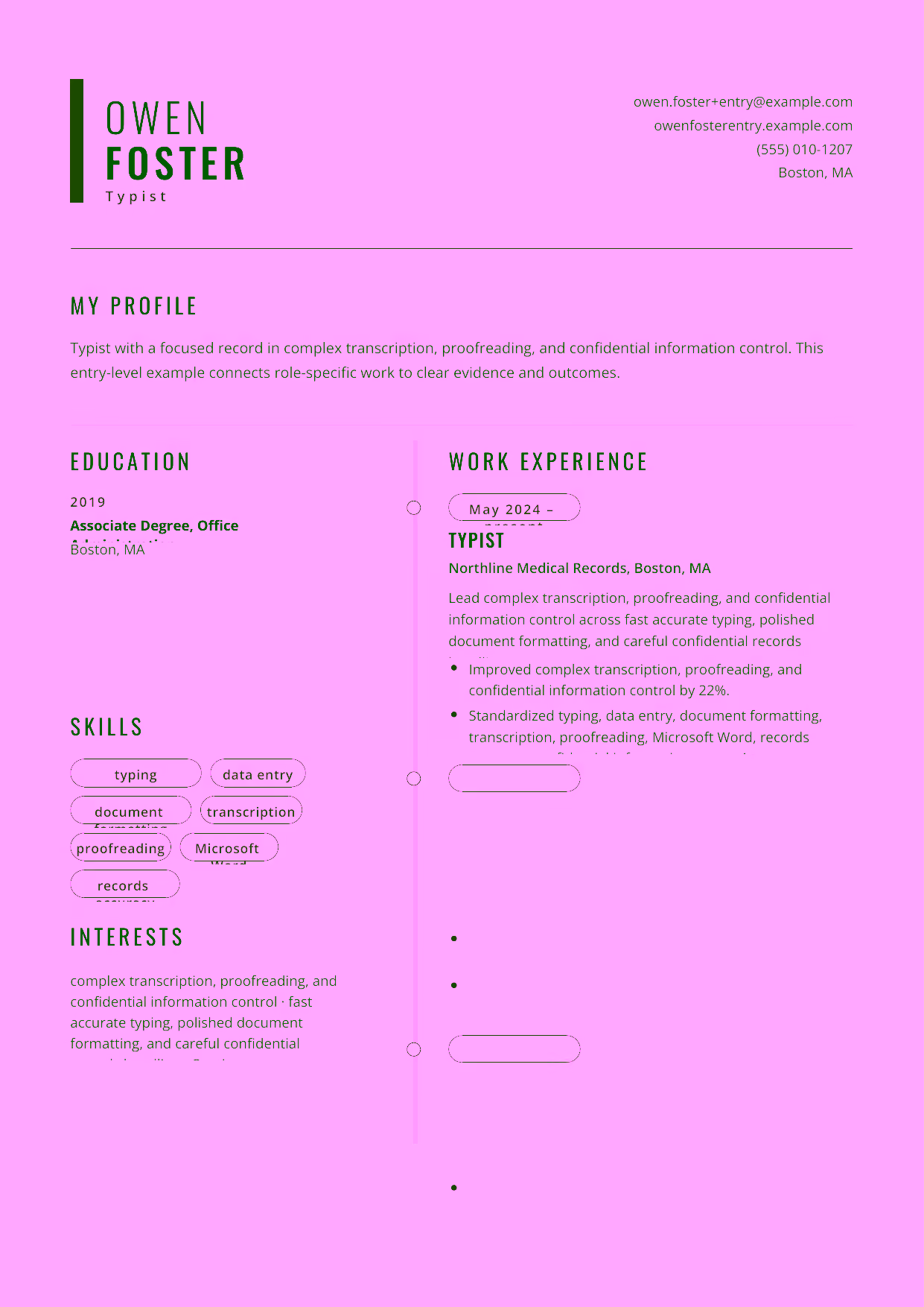 Entry-level Typist resume example in the Caelum template focused on fast accurate typing, clean document formatting, and dependable records handling.