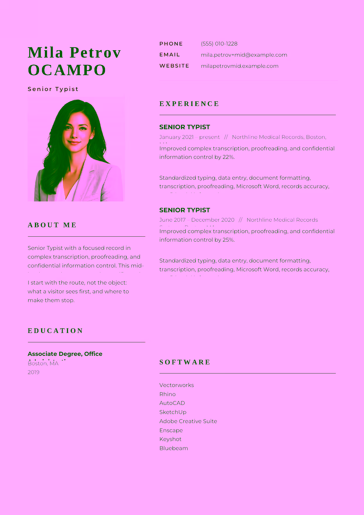 Mid-level Senior Typist resume example in the Hydra template focused on complex transcription, proofreading, and confidential information control.