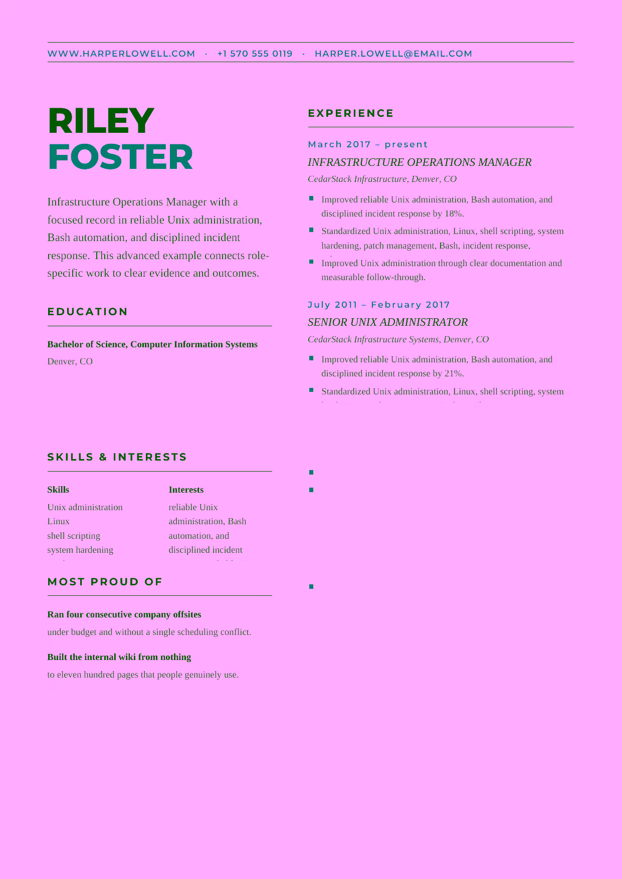 Advanced Infrastructure Operations Manager resume example in the Bootes template focused on platform standards, operational resilience, and systems-team leadership.