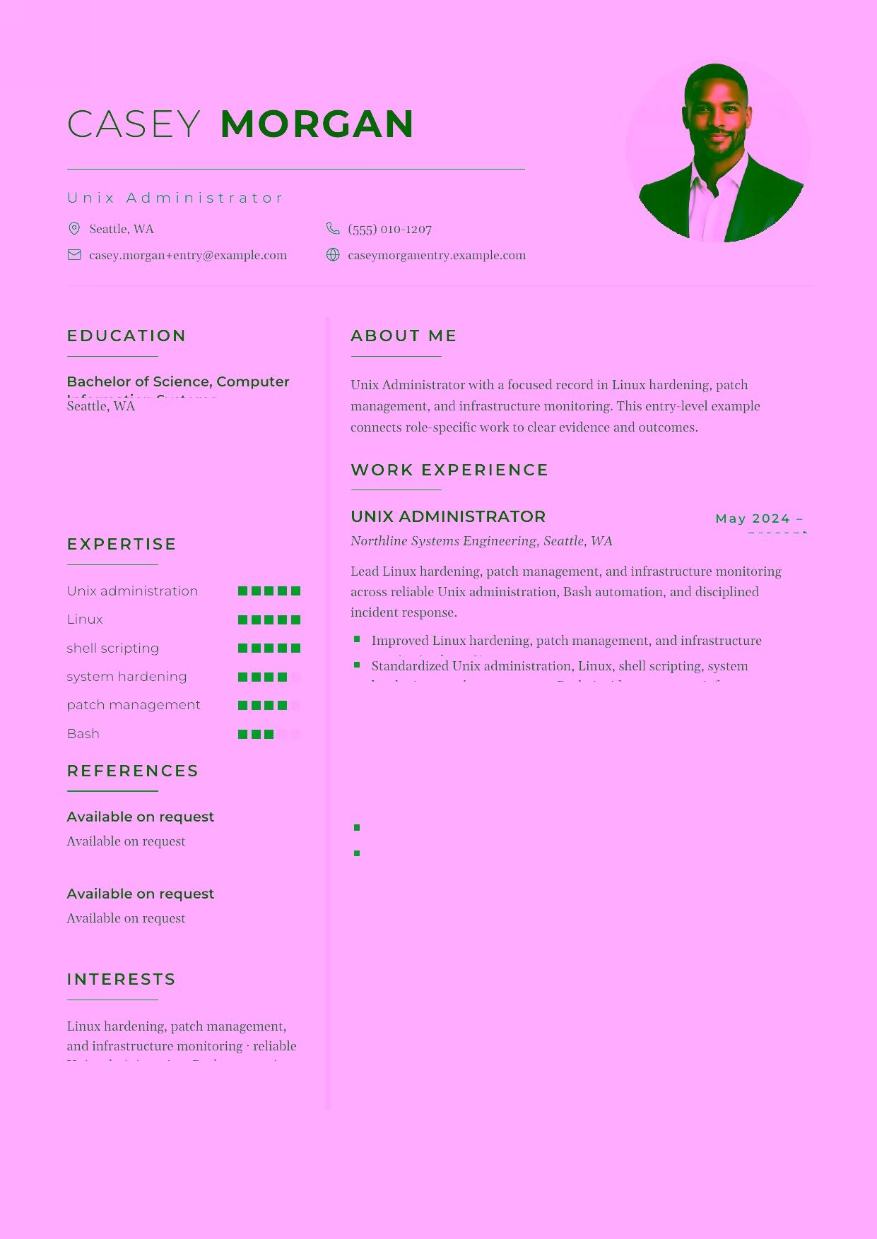 Entry-level Unix Administrator resume example in the Achernar template focused on reliable Unix administration, Bash automation, and disciplined incident response.