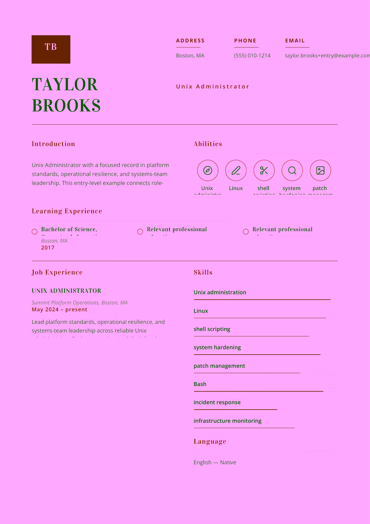 Entry-level Unix Administrator resume example in the Delphinus template focused on reliable Unix administration, Bash automation, and disciplined incident response.