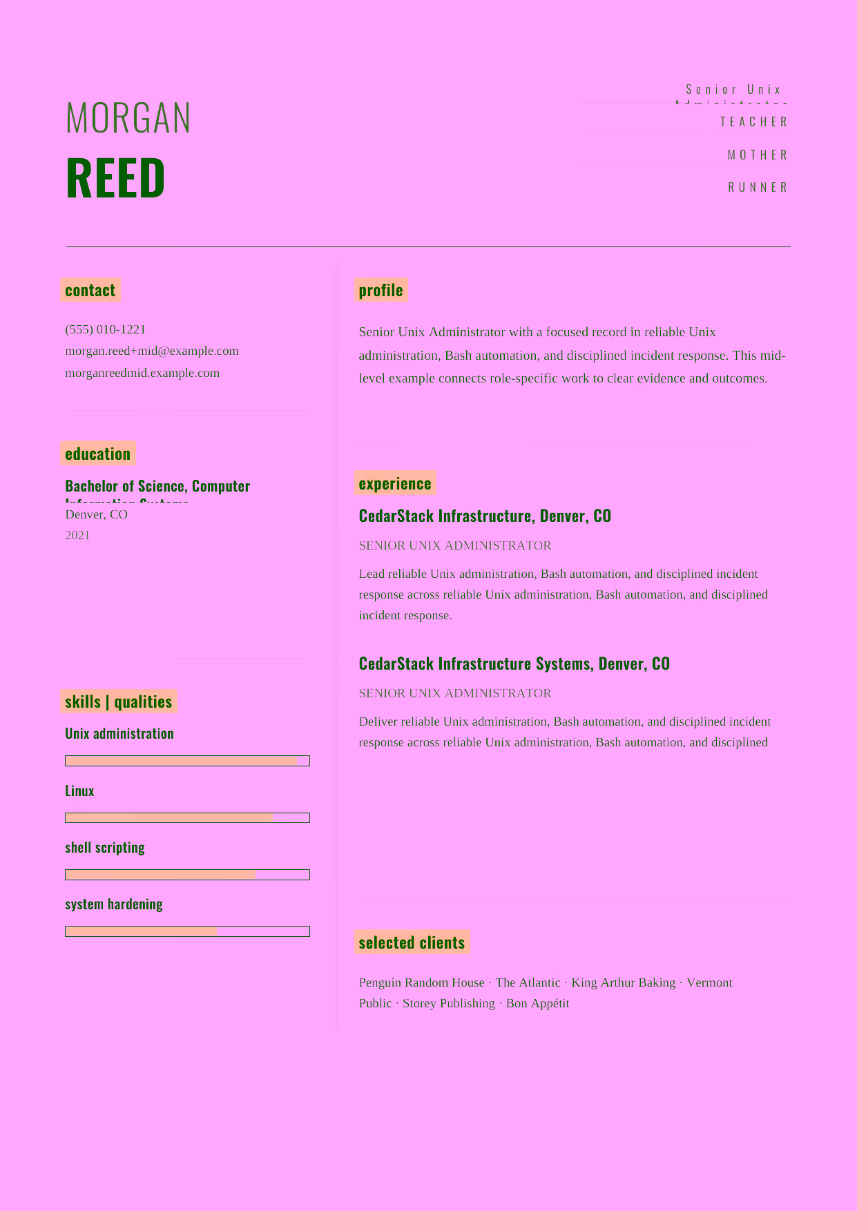 Mid-level Senior Unix Administrator resume example in the Dorado template focused on Linux hardening, patch management, and infrastructure monitoring.