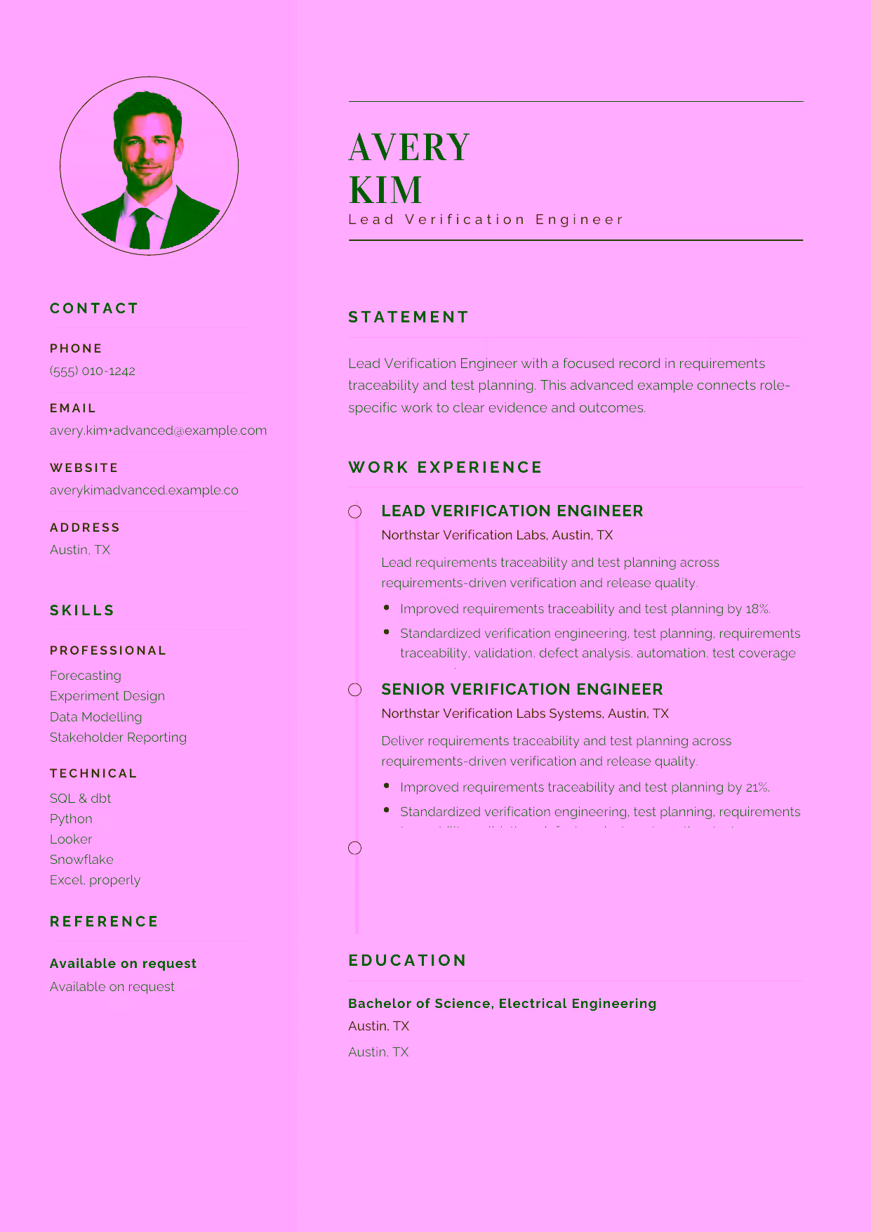 Advanced Lead Verification Engineer resume example in the Cetus template focused on verification strategy, release quality, and technical leadership.