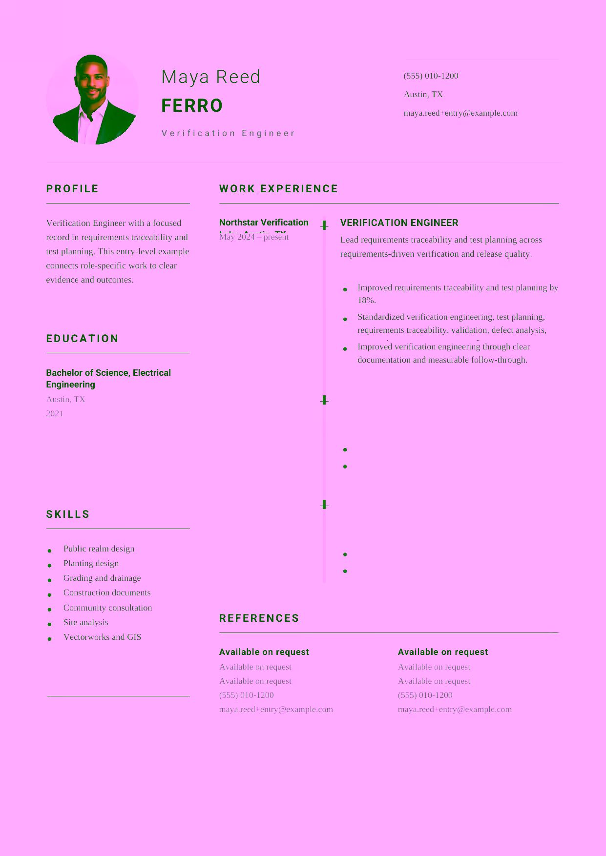 Entry-level Verification Engineer resume example in the Puppis template focused on requirements traceability and test planning.