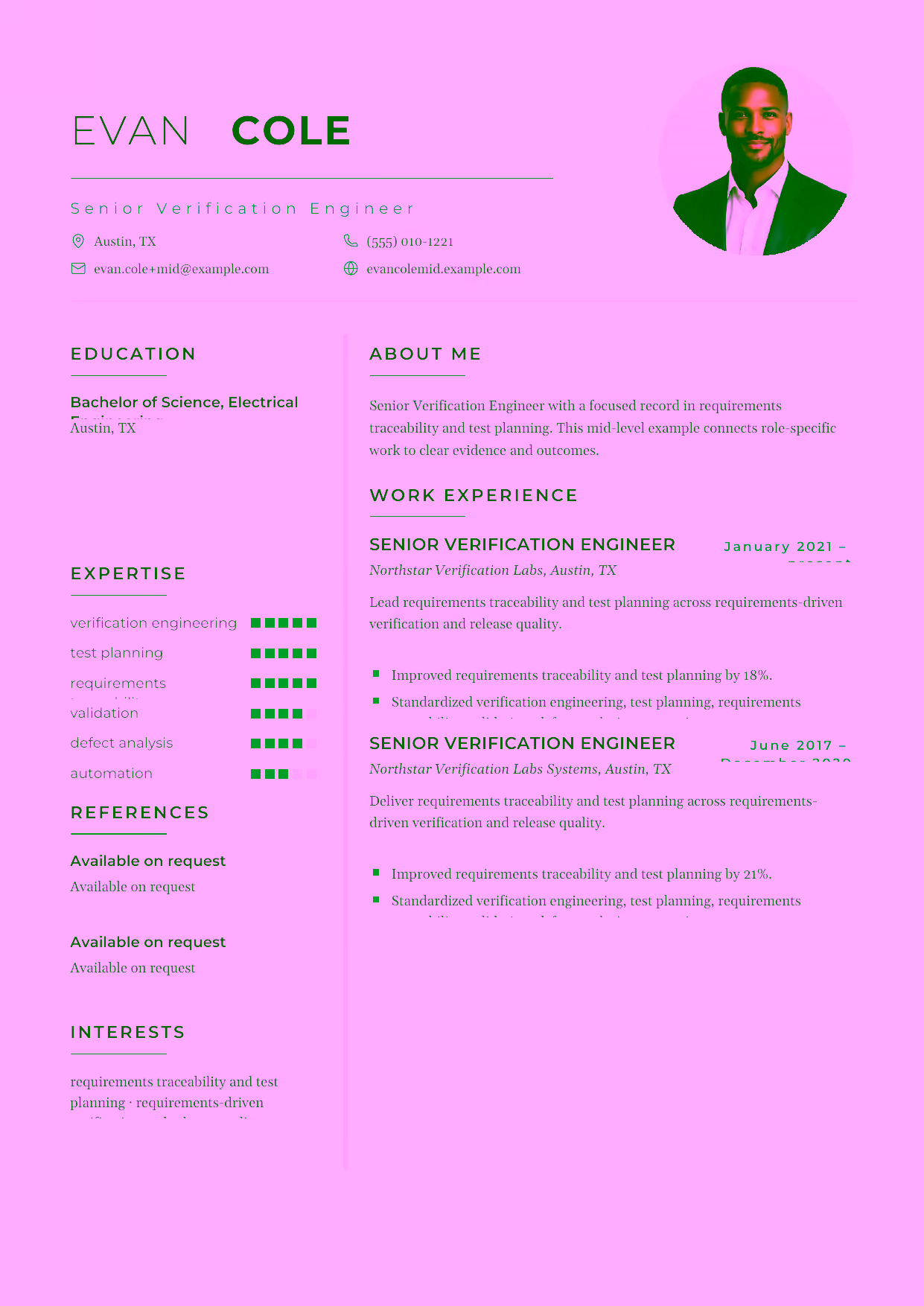 Mid-level Senior Verification Engineer resume example in the Achernar template focused on coverage analysis, automation, and defect resolution.