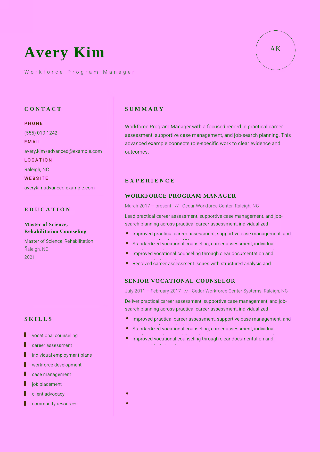 Advanced Workforce Program Manager resume example in the Grus template focused on workforce-program strategy, client advocacy, and counseling-team leadership.