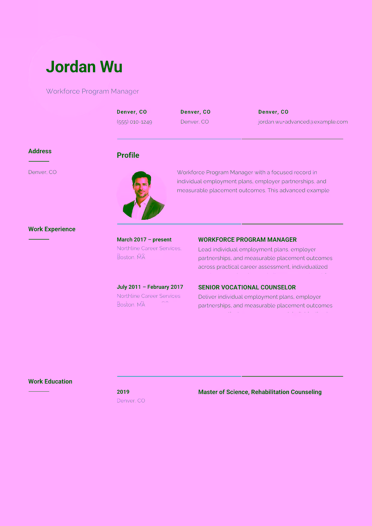 Advanced Workforce Program Manager resume example in the Pavo template focused on workforce-program strategy, client advocacy, and counseling-team leadership.