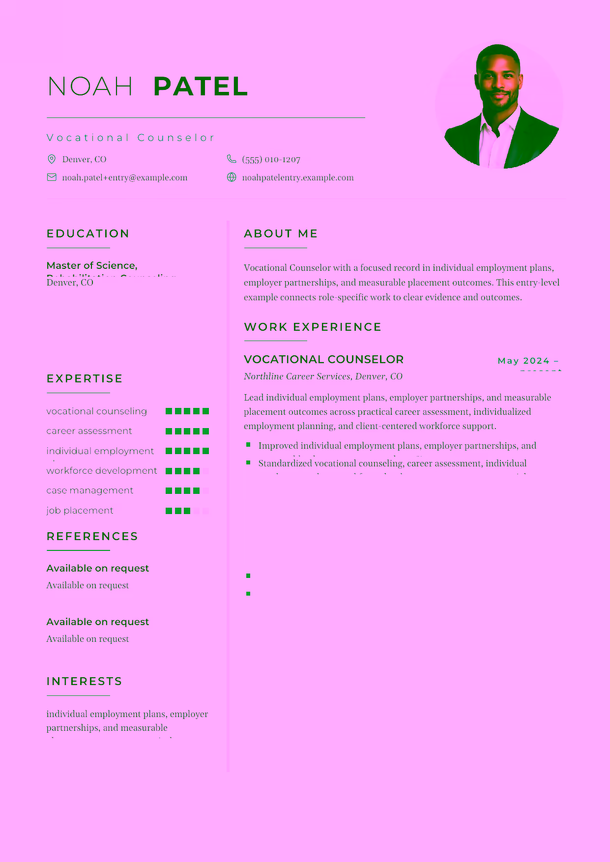 Entry-level Vocational Counselor resume example in the Achernar template focused on practical career assessment, supportive case management, and job-search planning.