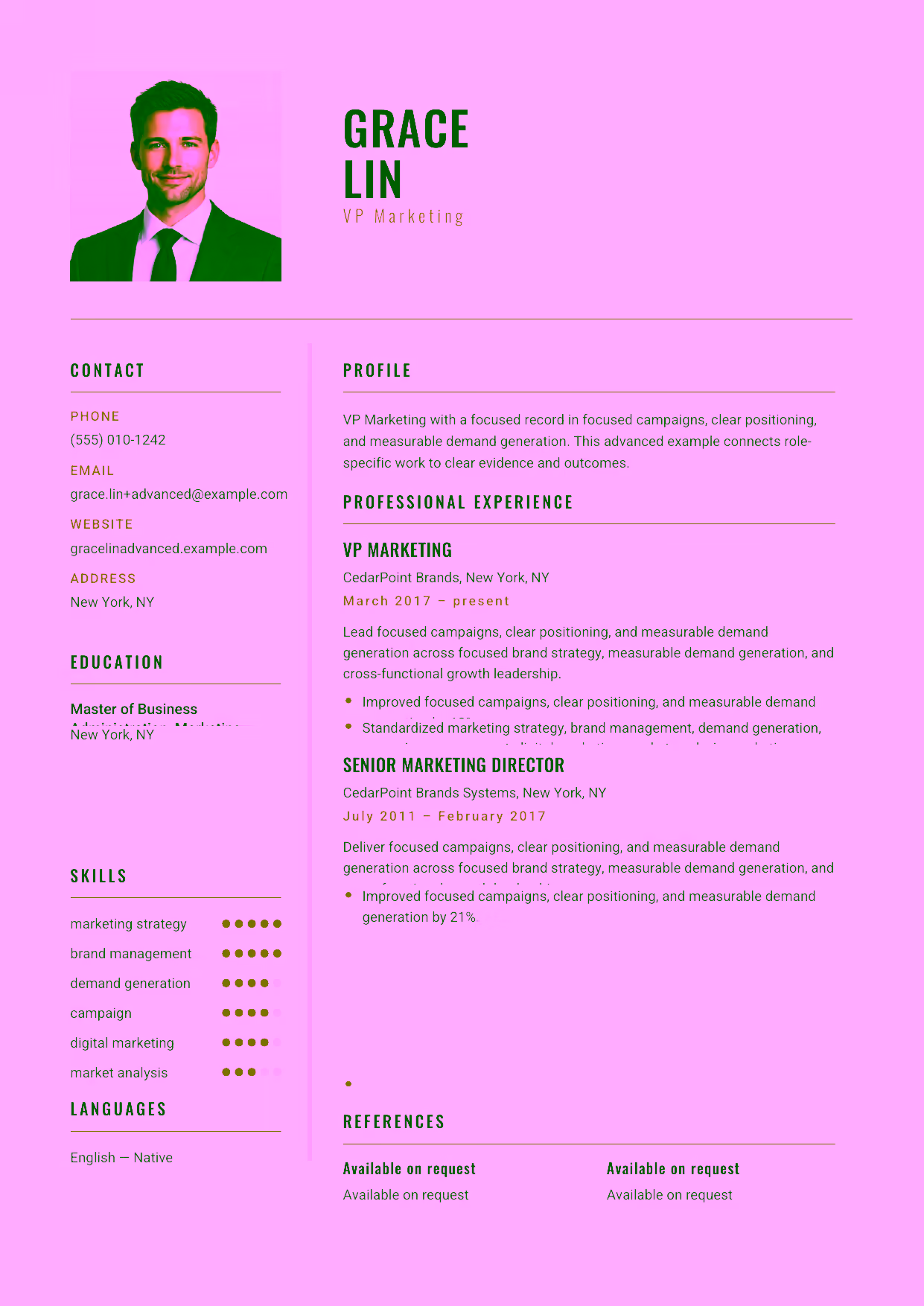 Advanced Chief Marketing Officer resume example in the Acamar template focused on portfolio marketing, executive alignment, and marketing-team leadership.