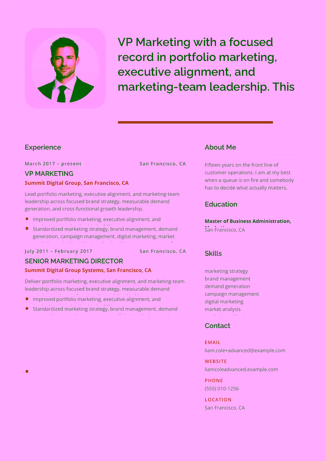 Advanced Chief Marketing Officer resume example in the Andromeda template focused on portfolio marketing, executive alignment, and marketing-team leadership.