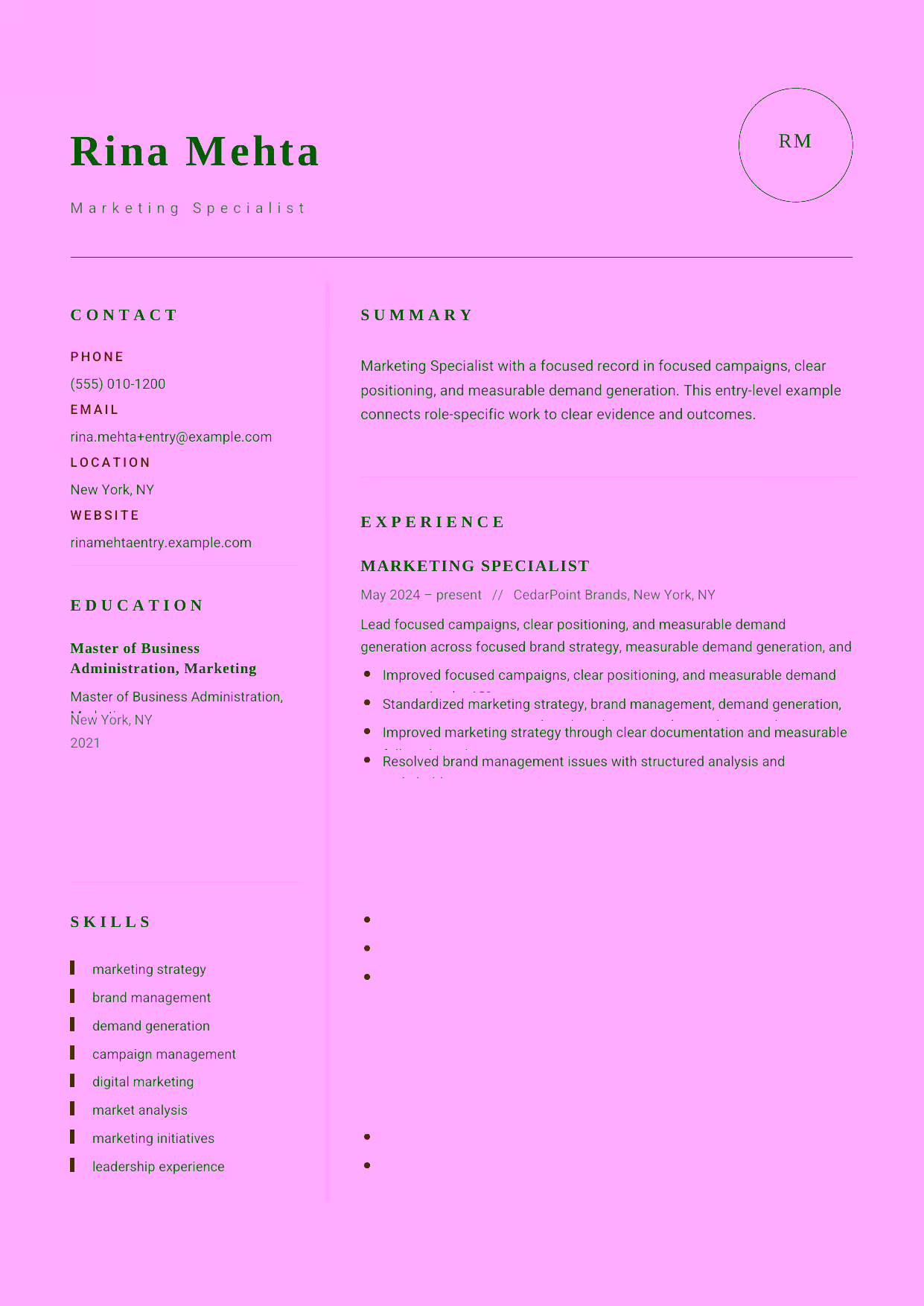 Entry-level VP Marketing resume example in the Grus template focused on focused campaigns, clear positioning, and measurable demand generation.