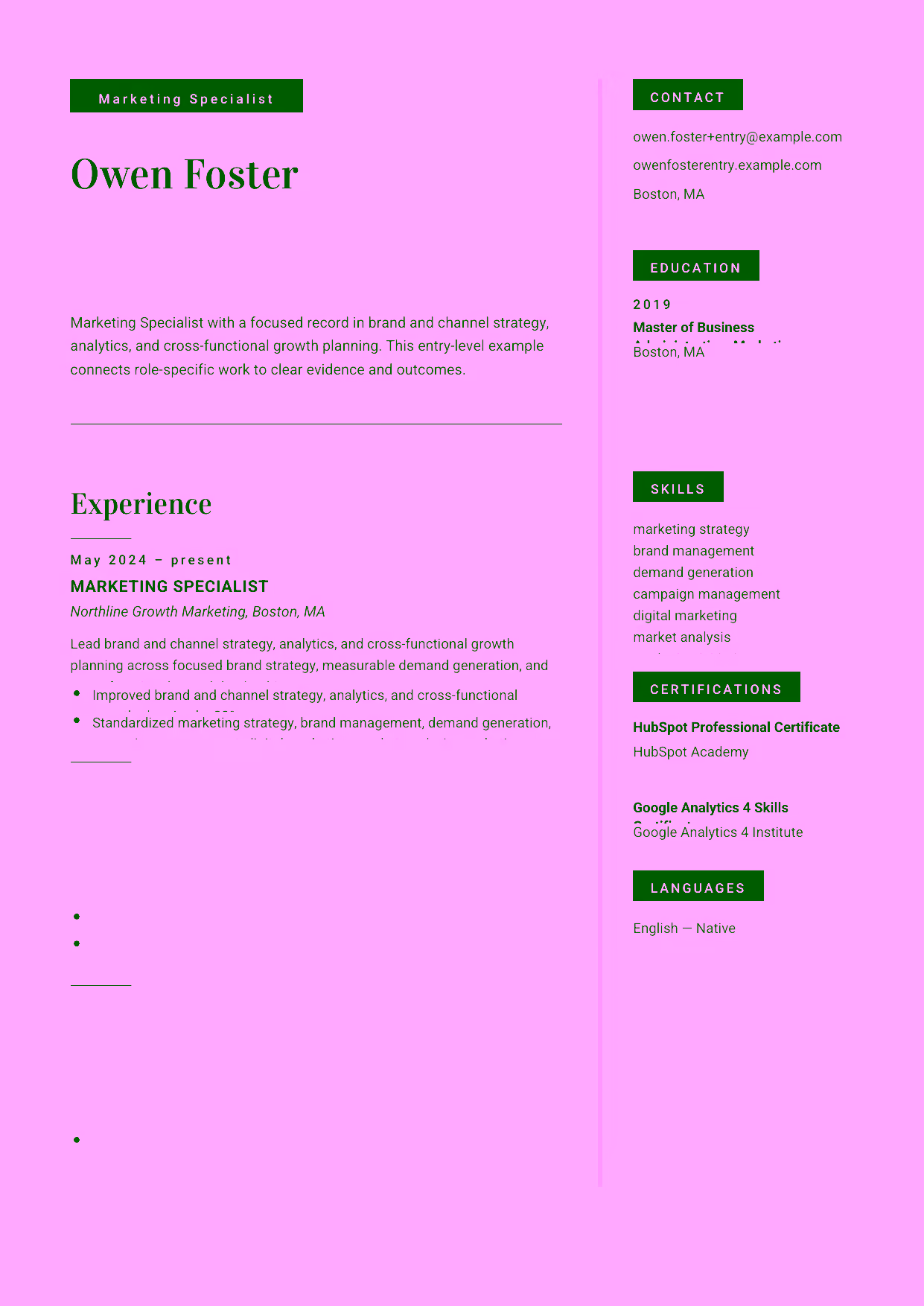 Entry-level VP Marketing resume example in the Aquila template focused on focused campaigns, clear positioning, and measurable demand generation.