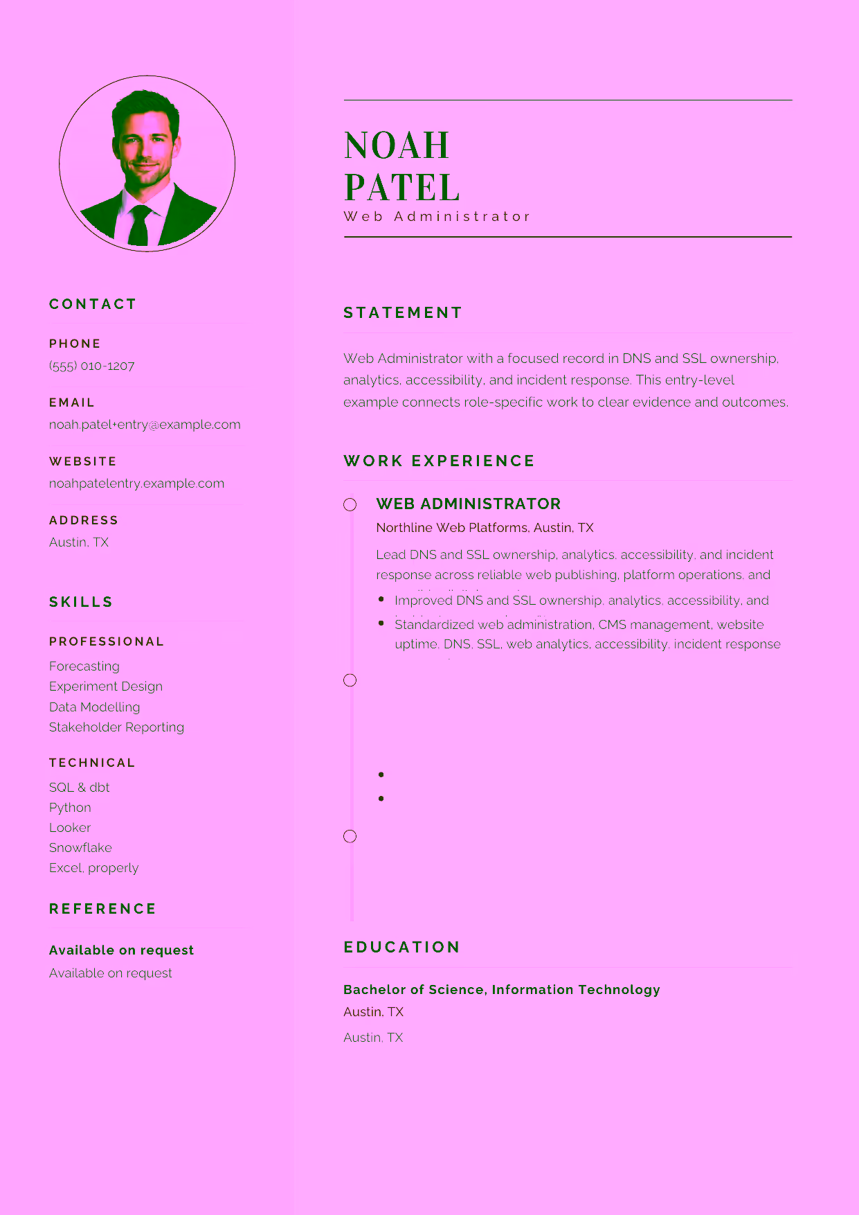 Entry-level Web Administrator resume example in the Cetus template focused on reliable CMS updates, website uptime, and clean publishing workflows.