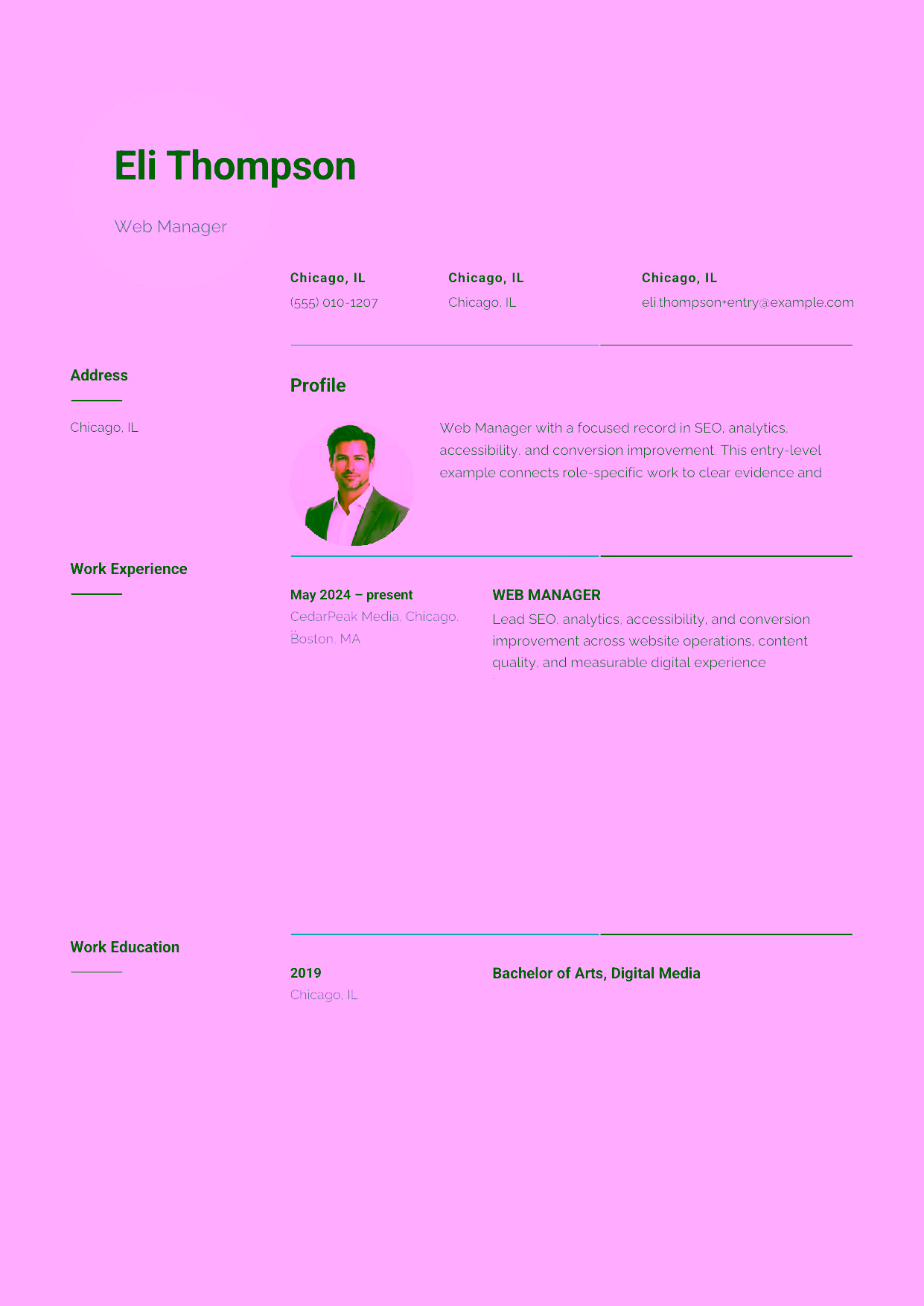 Entry-level Web Manager resume example in the Pavo template focused on content publishing, site quality, and dependable web operations.