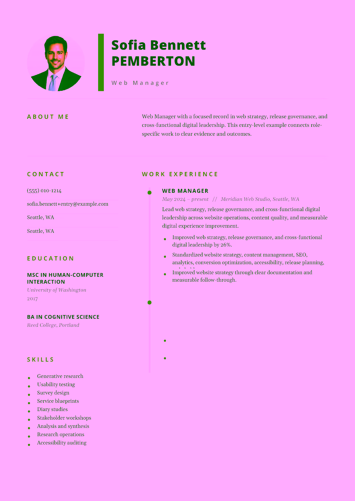 Entry-level Web Manager resume example in the Pegasus template focused on content publishing, site quality, and dependable web operations.
