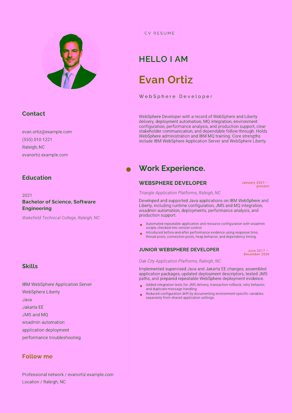 Mid-level WebSphere Developer resume example in the Eridanus template focused on WebSphere and Liberty delivery, deployment automation, MQ integration, environment configuration, performance analysis, and production support.