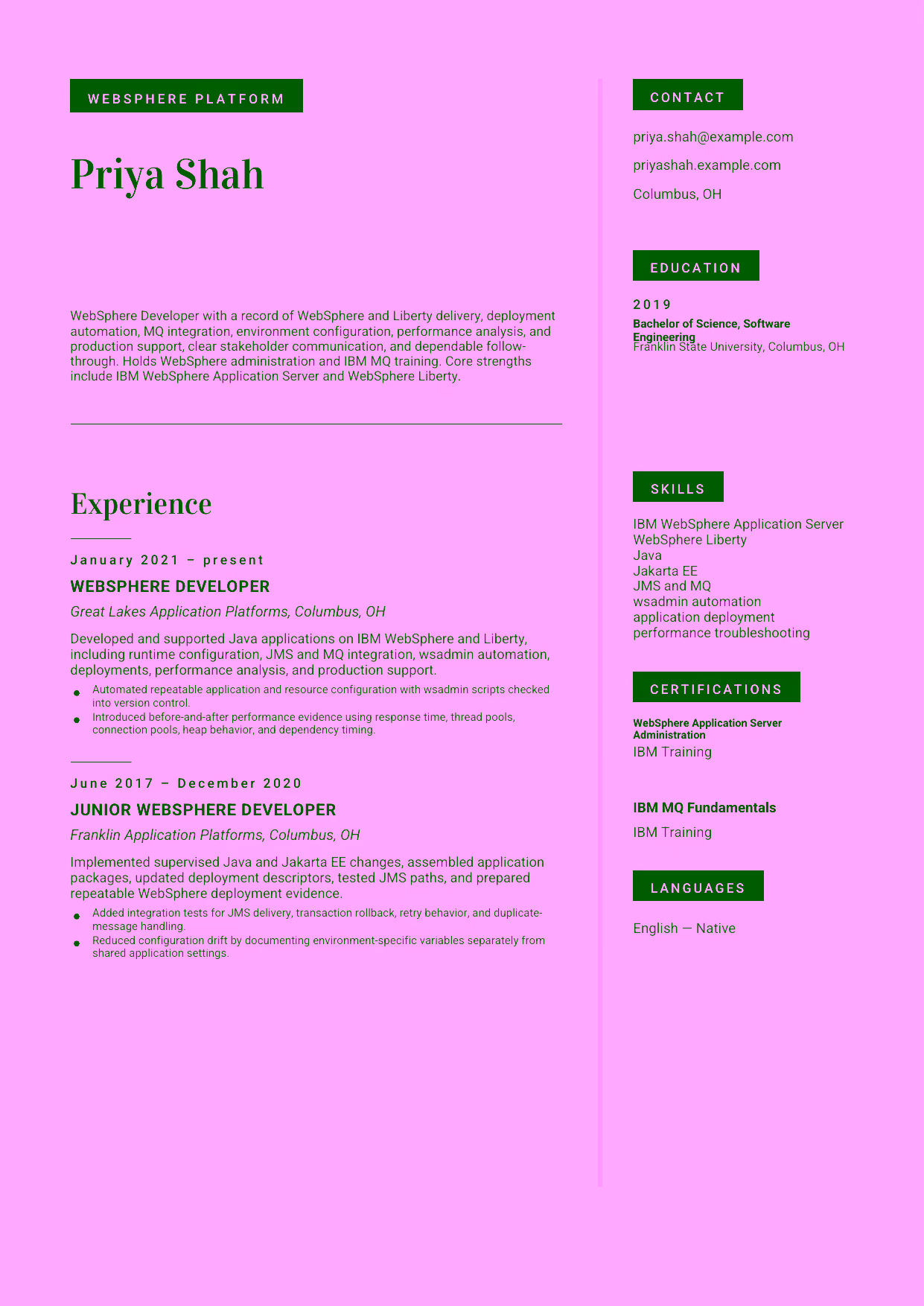 Mid-level WebSphere Developer resume example in the Aquila template focused on WebSphere and Liberty delivery, deployment automation, MQ integration, environment configuration, performance analysis, and production support.