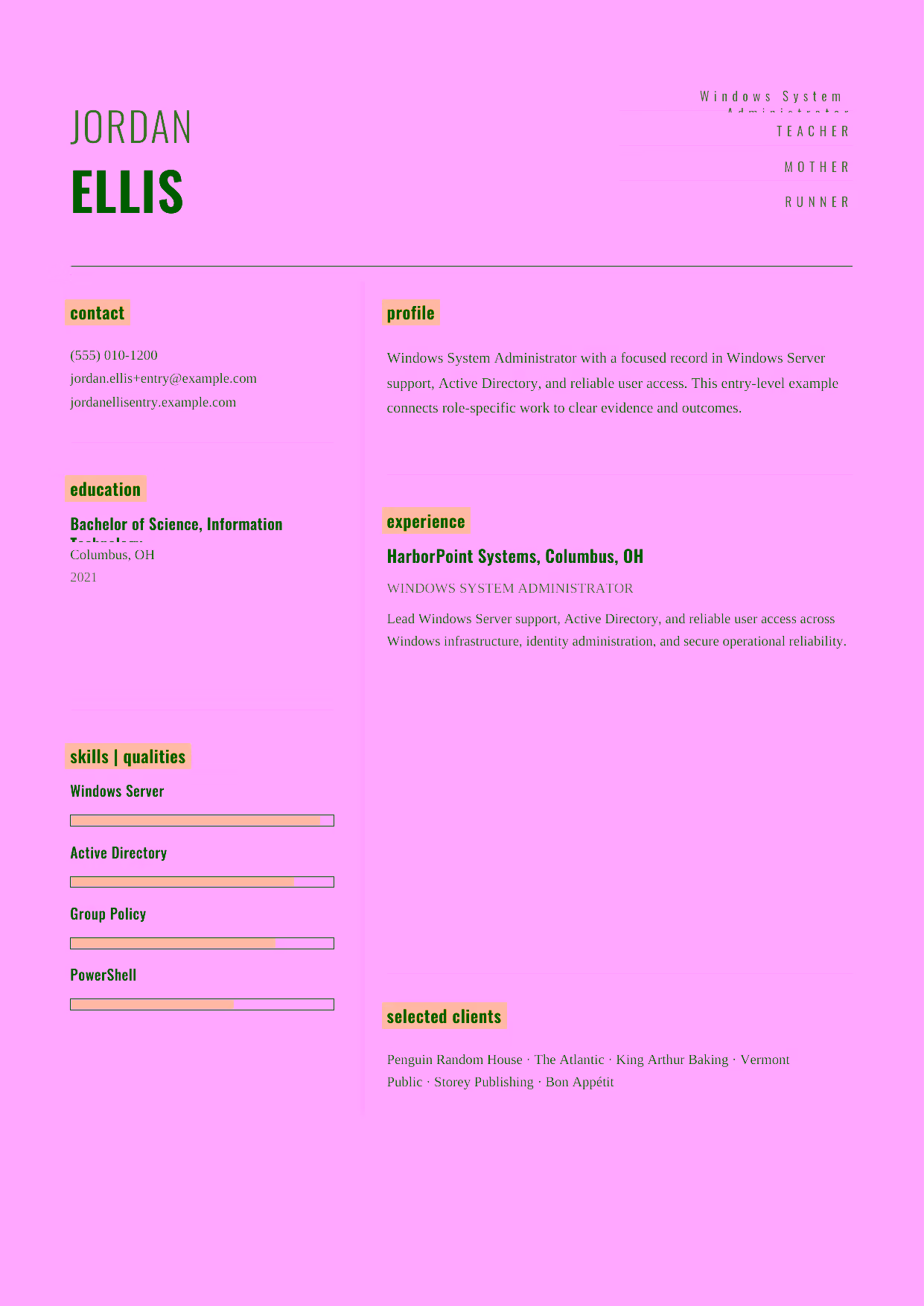 Entry-level Windows System Administrator resume example in the Dorado template focused on Windows Server support, Active Directory, and reliable user access.