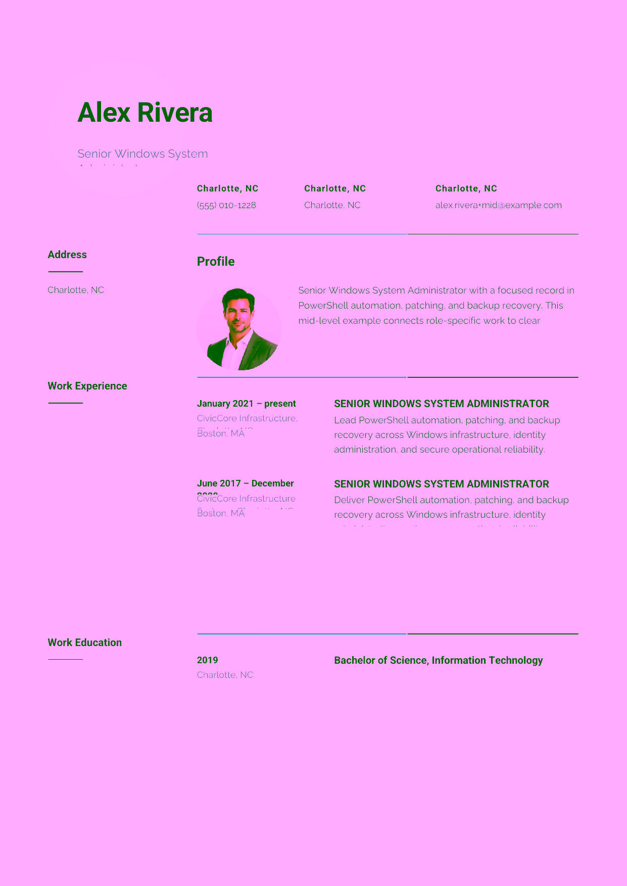 Mid-level Senior Windows System Administrator resume example in the Pavo template focused on PowerShell automation, patching, and backup recovery.