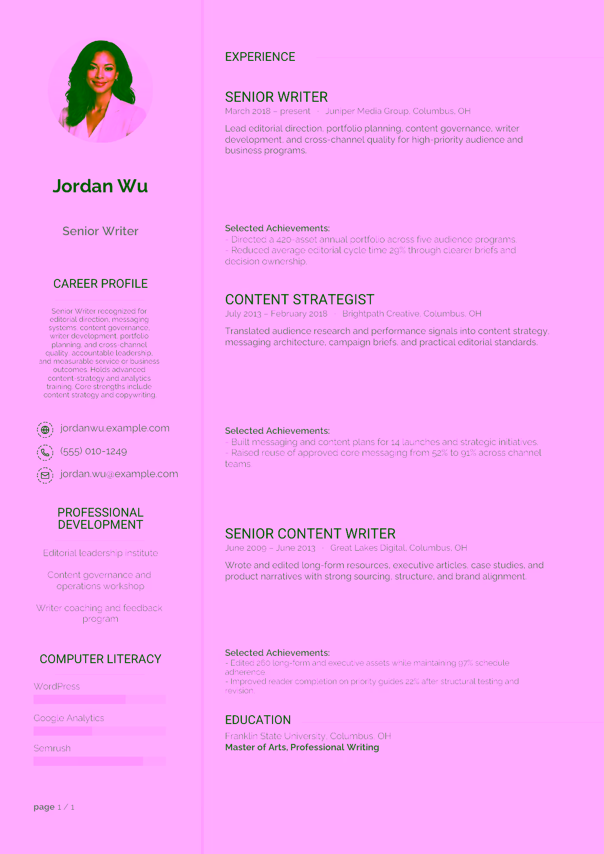 Advanced Senior Writer resume example in the Synnove template focused on editorial direction, messaging systems, content governance, writer development, portfolio planning, and cross-channel quality.