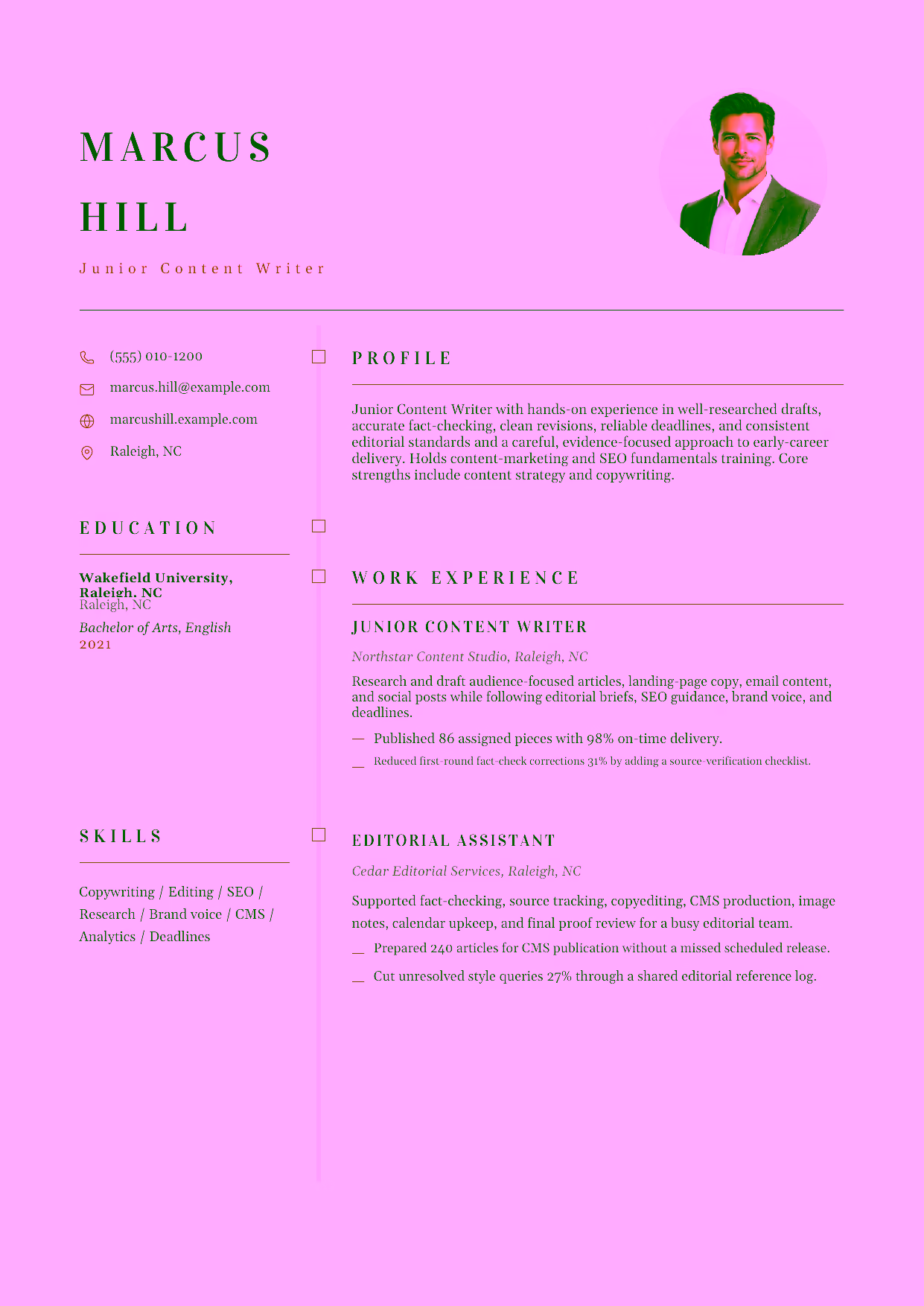 Entry-level Junior Content Writer resume example in the Draco template focused on well-researched drafts, accurate fact-checking, clean revisions, reliable deadlines, and consistent editorial standards.
