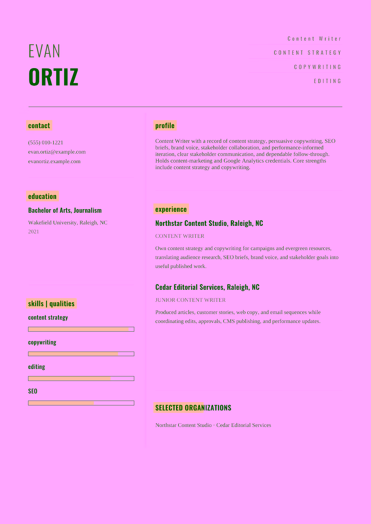 Mid-level Content Writer resume example in the Dorado template focused on content strategy, persuasive copywriting, SEO briefs, brand voice, stakeholder collaboration, and performance-informed iteration.