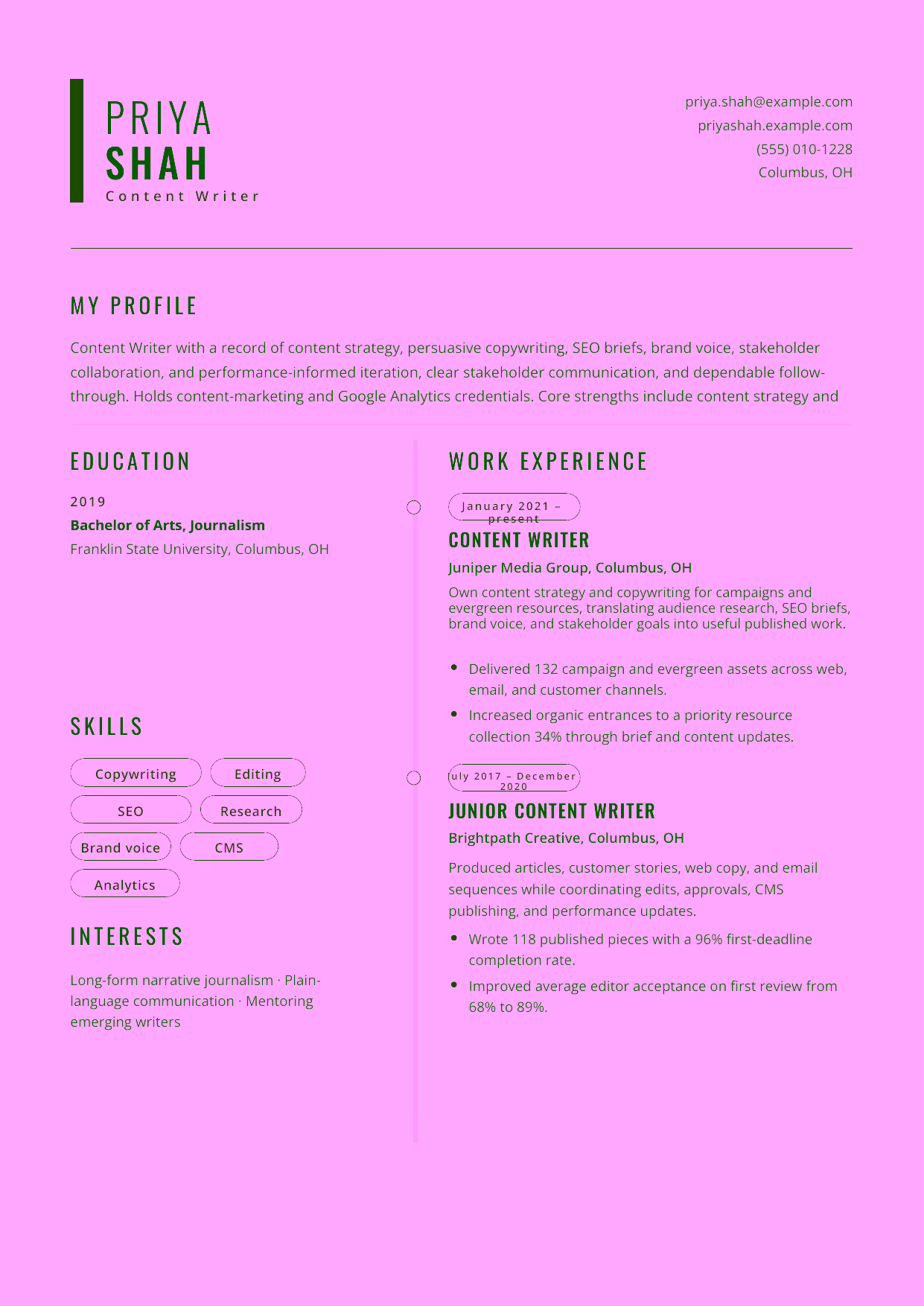 Mid-level Content Writer resume example in the Caelum template focused on content strategy, persuasive copywriting, SEO briefs, brand voice, stakeholder collaboration, and performance-informed iteration.