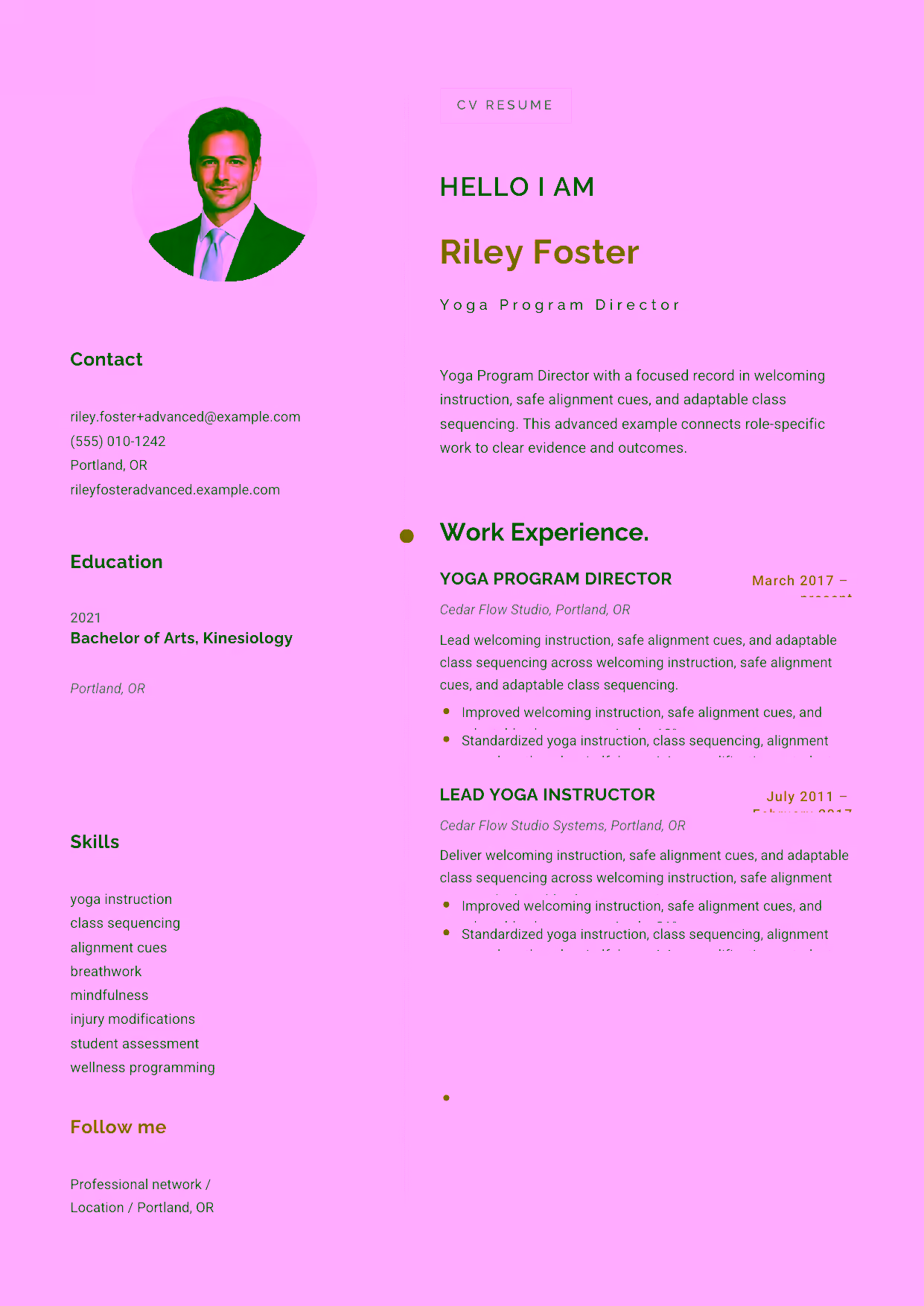 Advanced Yoga Program Director resume example in the Eridanus template focused on wellness-program design, instructor mentoring, and community engagement.