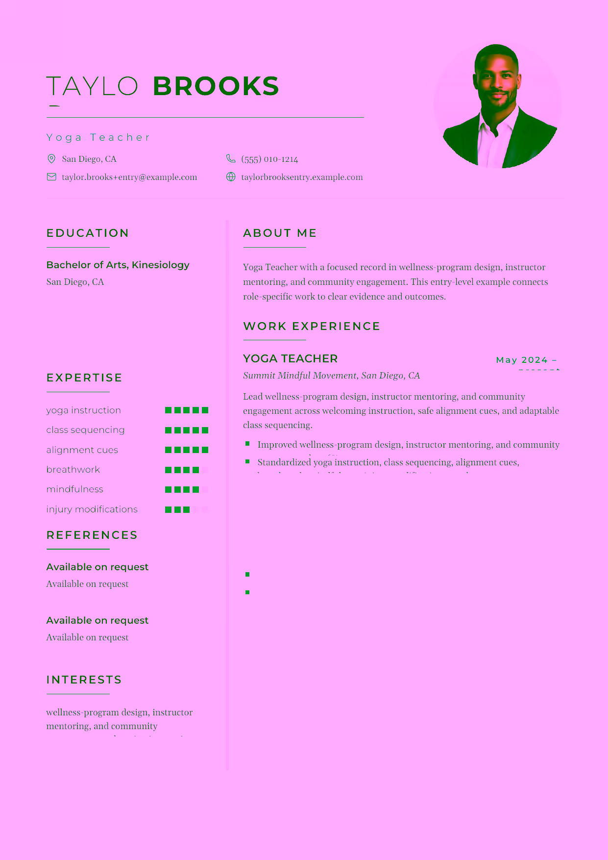 Entry-level Yoga Teacher resume example in the Achernar template focused on welcoming instruction, safe alignment cues, and adaptable class sequencing.