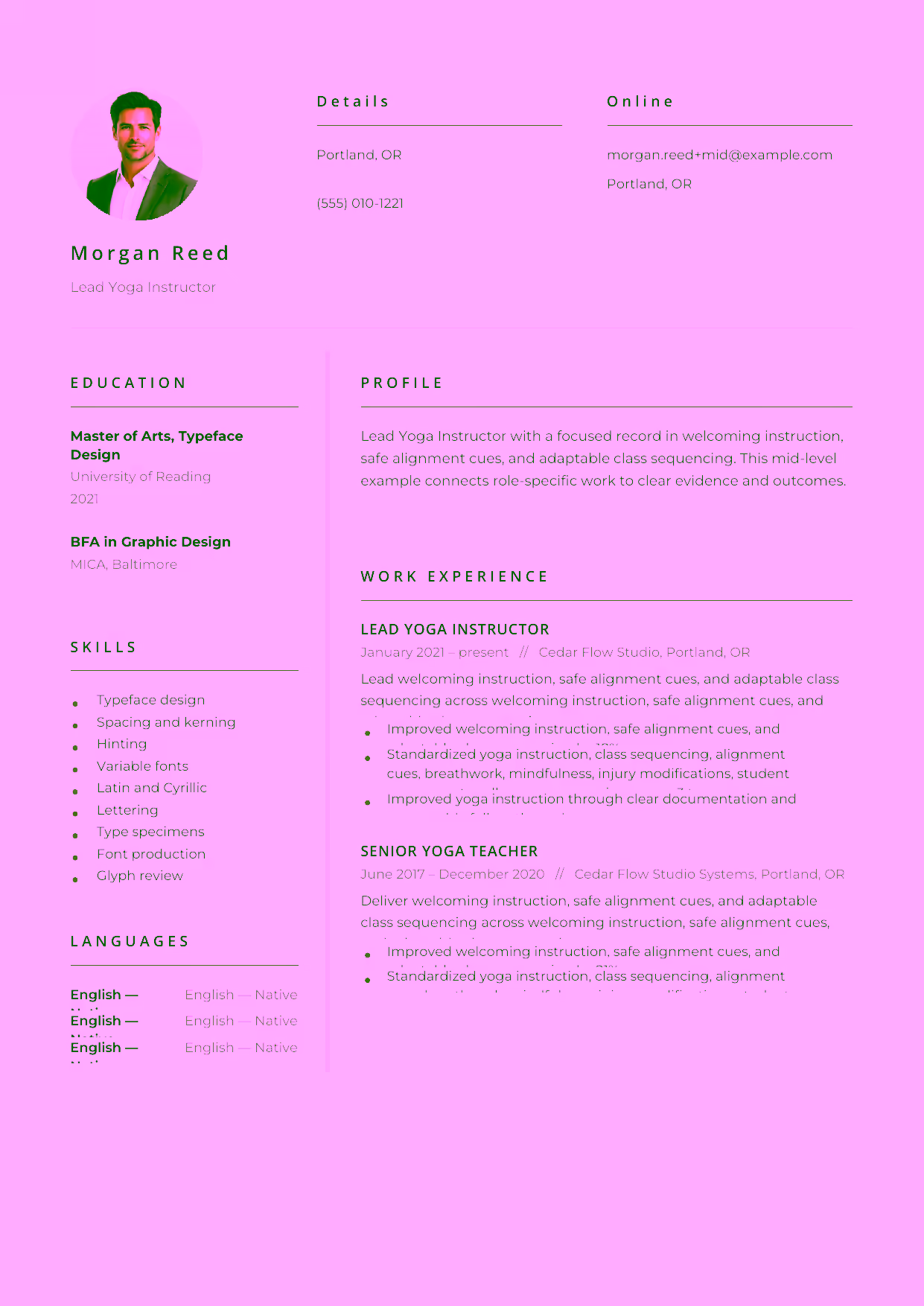 Mid-level Lead Yoga Instructor resume example in the Pictor template focused on breathwork, injury modifications, and individualized student assessment.