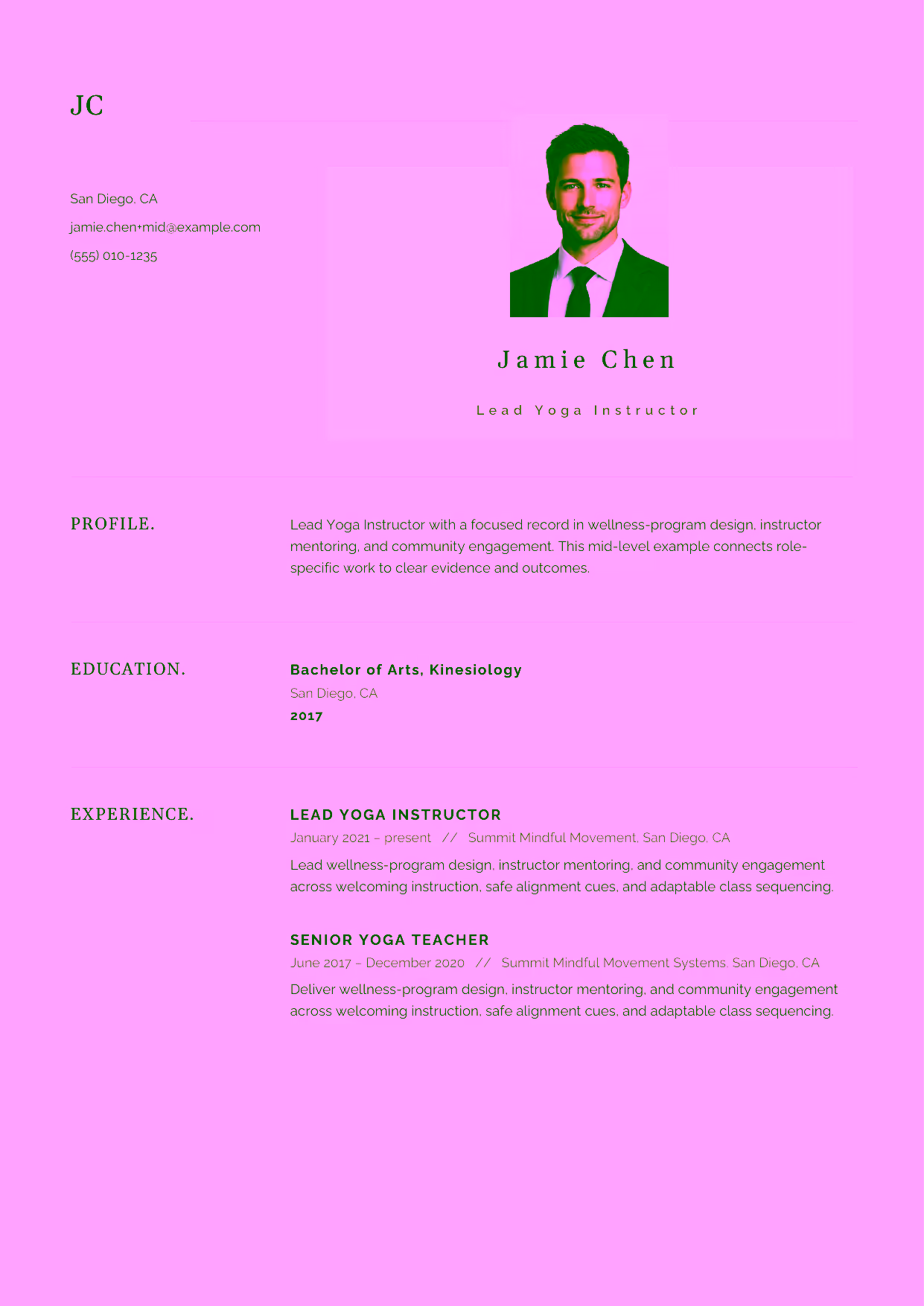 Mid-level Lead Yoga Instructor resume example in the Norma template focused on breathwork, injury modifications, and individualized student assessment.