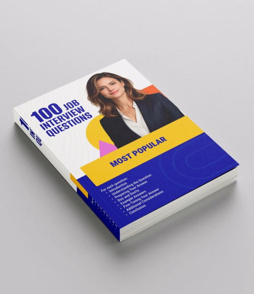 Angled hardcover mockup of 100 Most Popular Job Interview Questions, an interview question book from RockStarCV.com.