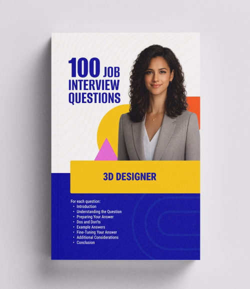 Front-facing 3D book mockup of 3D Designer 100 Job Interview Questions, an interview question book from RockStarCV.com.