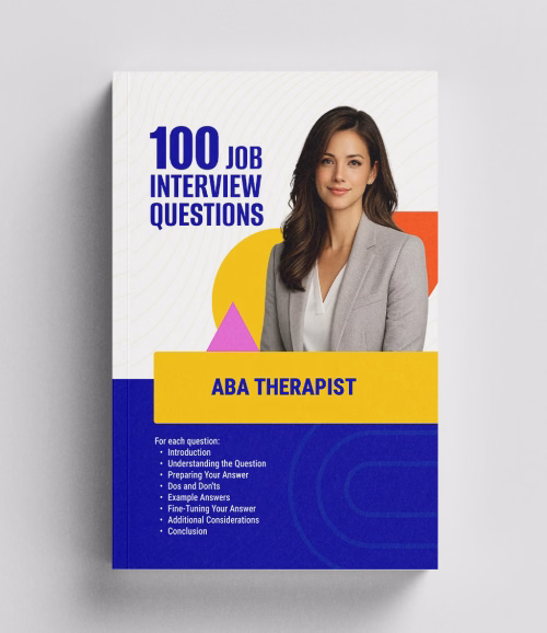 Front-facing 3D book mockup of ABA Therapist 100 Job Interview Questions, an interview question book from RockStarCV.com.