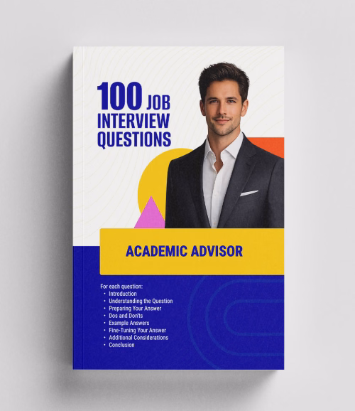 Front-facing 3D book mockup of Academic Advisor 100 Job Interview Questions, an interview question book from RockStarCV.com.