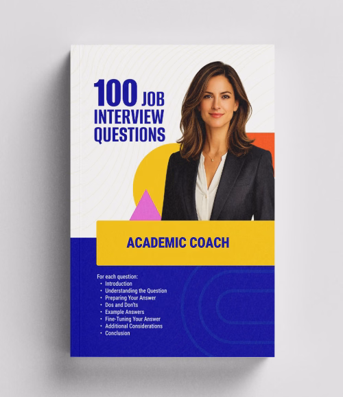 Front-facing 3D book mockup of Academic Coach 100 Job Interview Questions, an interview question book from RockStarCV.com.