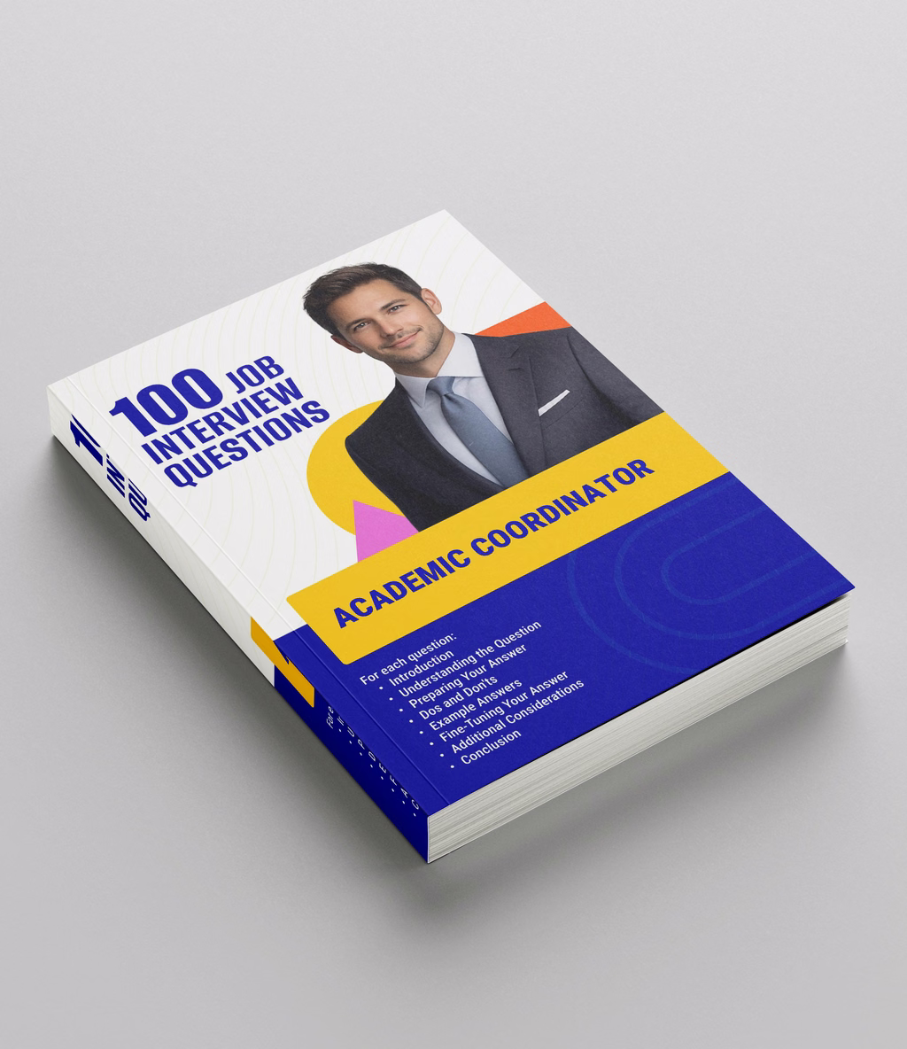 Angled hardcover mockup of Academic Coordinator 100 Job Interview Questions, an interview question book from RockStarCV.com.